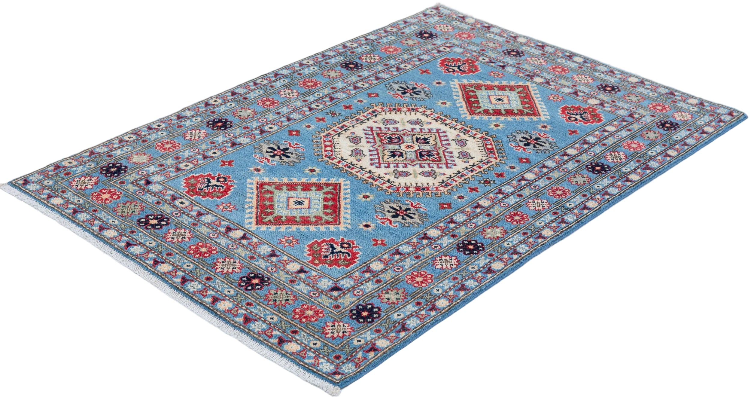 Full view at an angle of blue & ivory Kazak-inspired wool rug 29650.