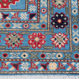 Border and edge detail of blue & ivory Kazak-inspired wool rug 29650.