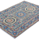 Full view at an angle of blue & ivory Kazak-inspired wool rug 29651.
