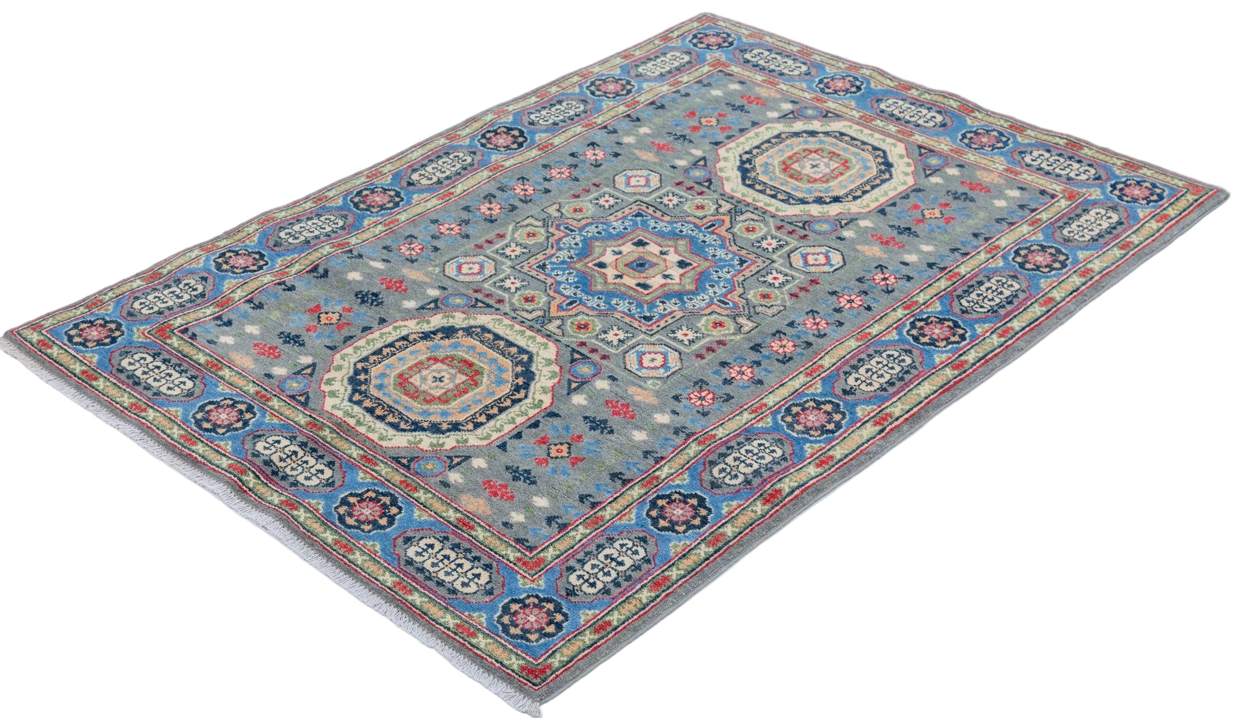 Full view at an angle of blue & ivory Kazak-inspired wool rug 29651.