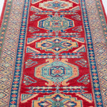 Pattern detail of red & blue Kazak-inspired wool runner 29654.