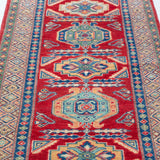 Pattern detail of red & blue Kazak-inspired wool runner 29654.