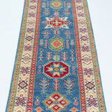 Full view from a low angle of blue & ivory Kazak-inspired wool runner 29655.