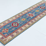 Full view at an angle of blue & ivory Kazak-inspired wool runner 29655.