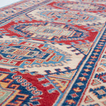 Pattern detail of blue & red Kazak-inspired wool runner 29656.
