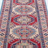 Pattern detail of blue & red Kazak-inspired wool runner 29656.