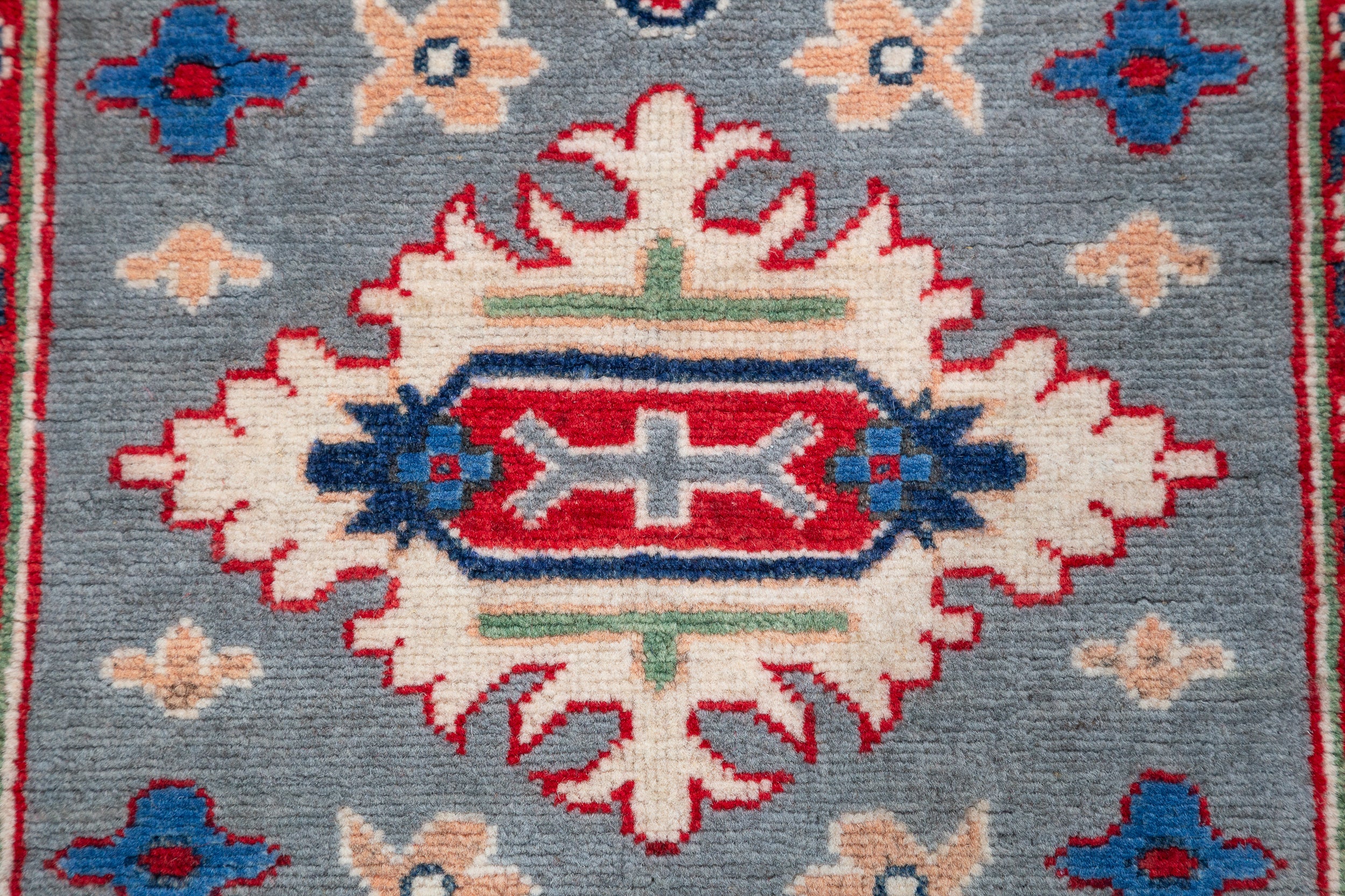 Pattern detail of blue & ivory Kazak-inspired wool runner 29657.