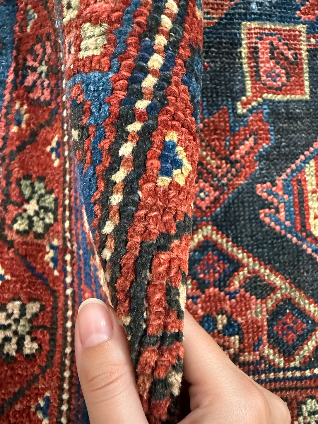 Vintage Nanaj Rug — Angular Medallion & Dense Red and Deep Blue Motifs. Rug pile and texture detail; SKU 30060; source IMG_6777.