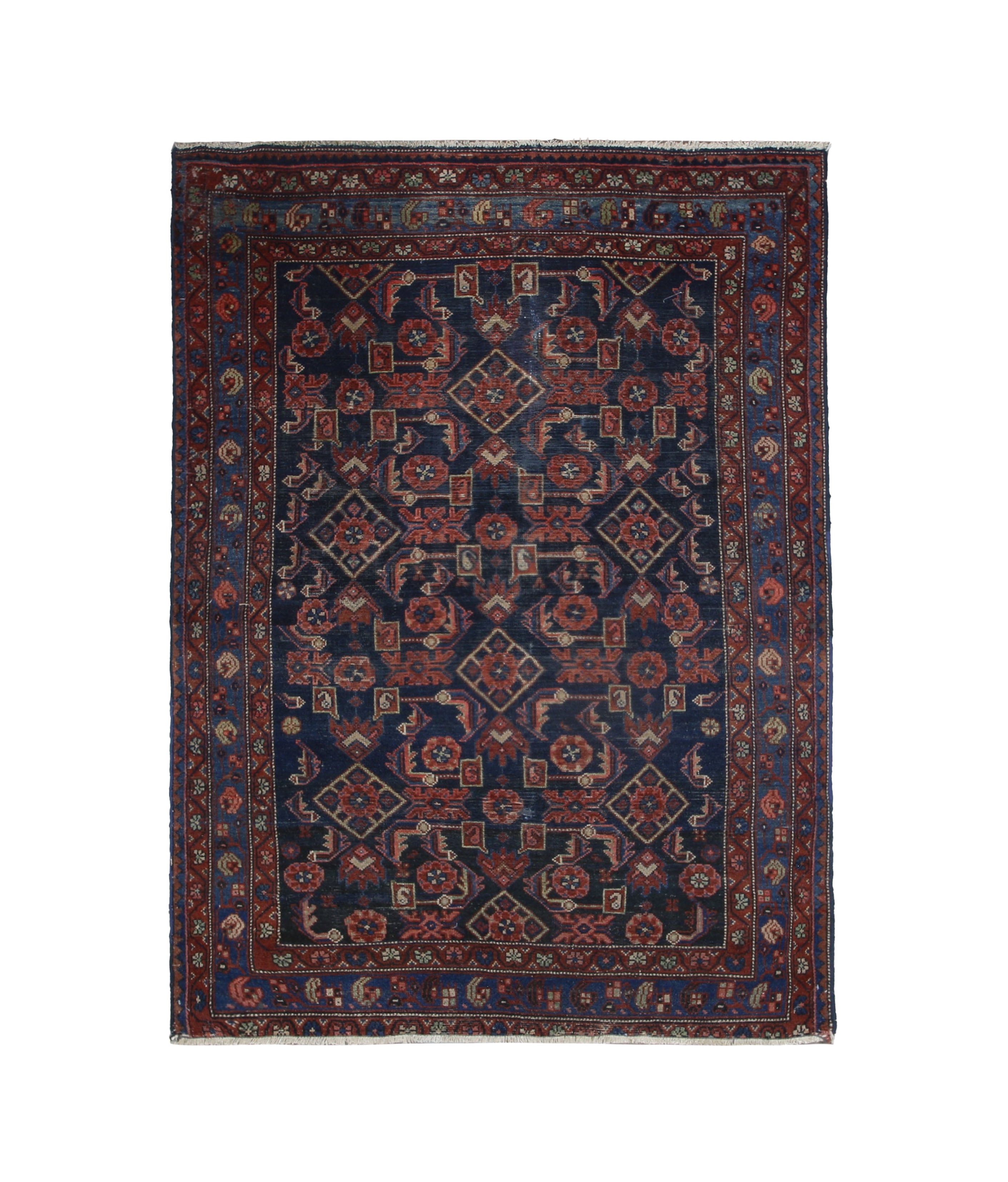 Persian Nanaj Rug, top view on white background, hand-knotted wool with blue colouring. SKU 30060.