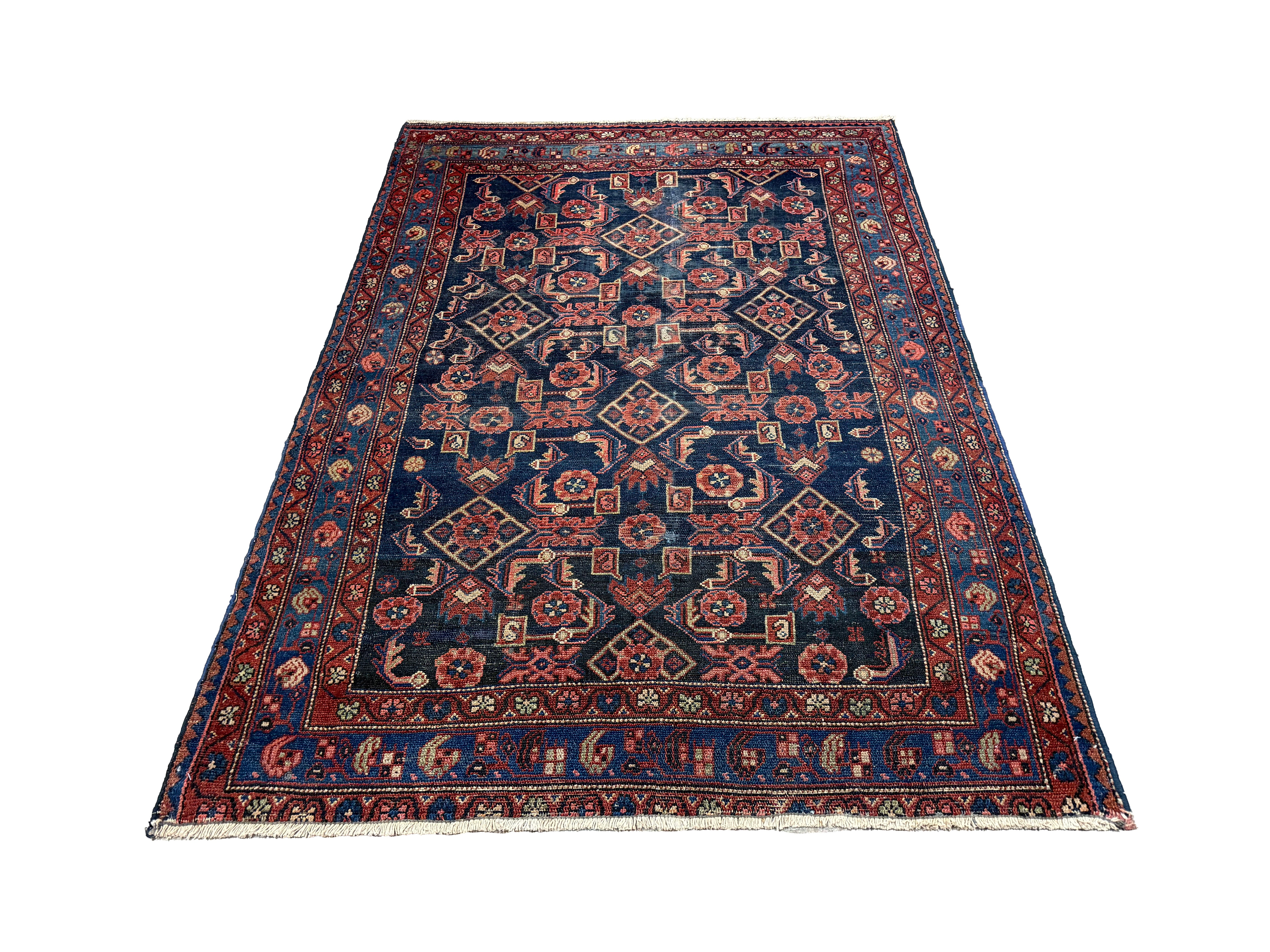 Persian Nanaj Rug, lengthwise view, hand-knotted wool with blue colouring. SKU 30060.