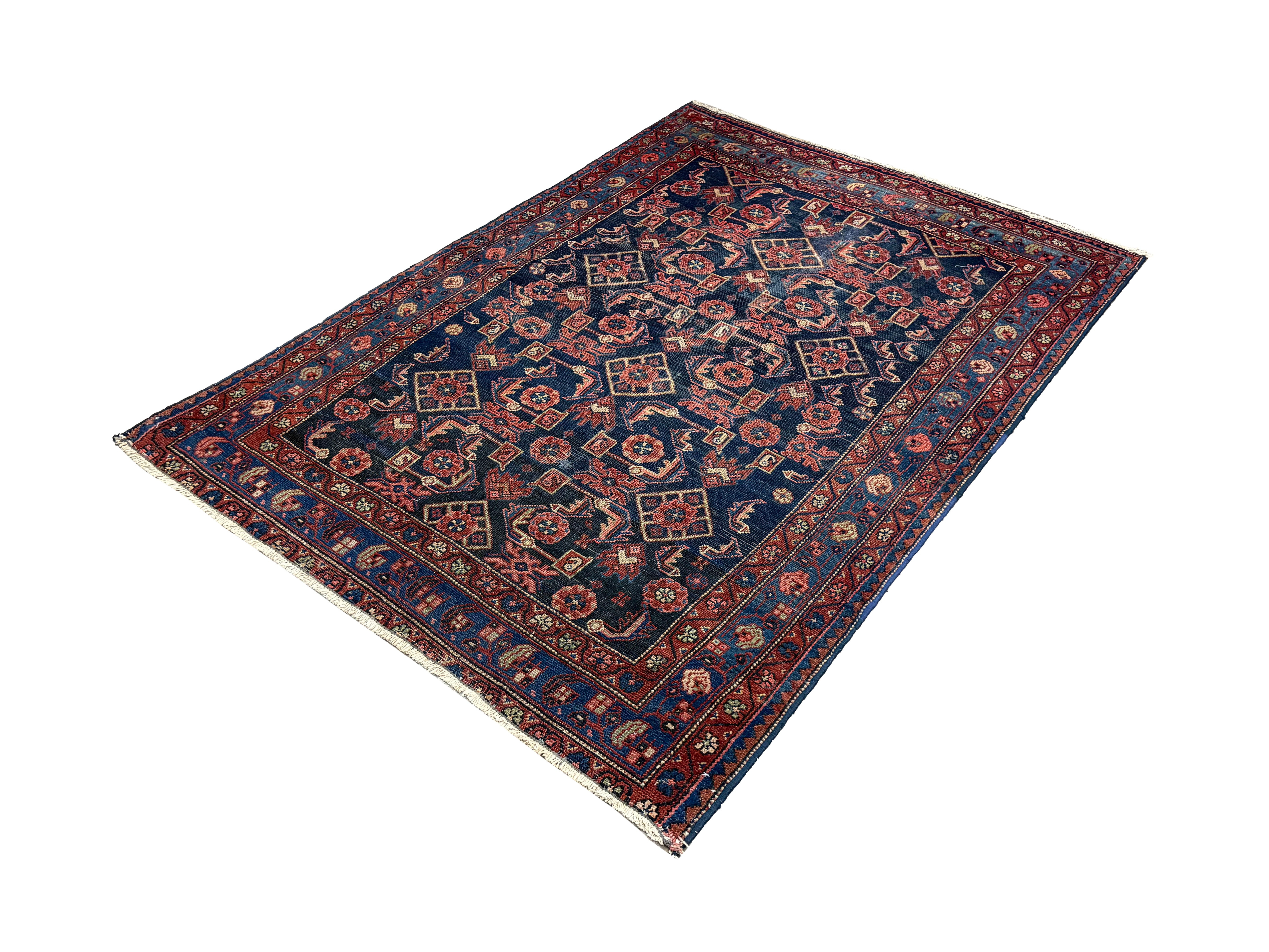 Persian Nanaj Rug, diagonal full view, hand-knotted wool with blue colouring. SKU 30060.
