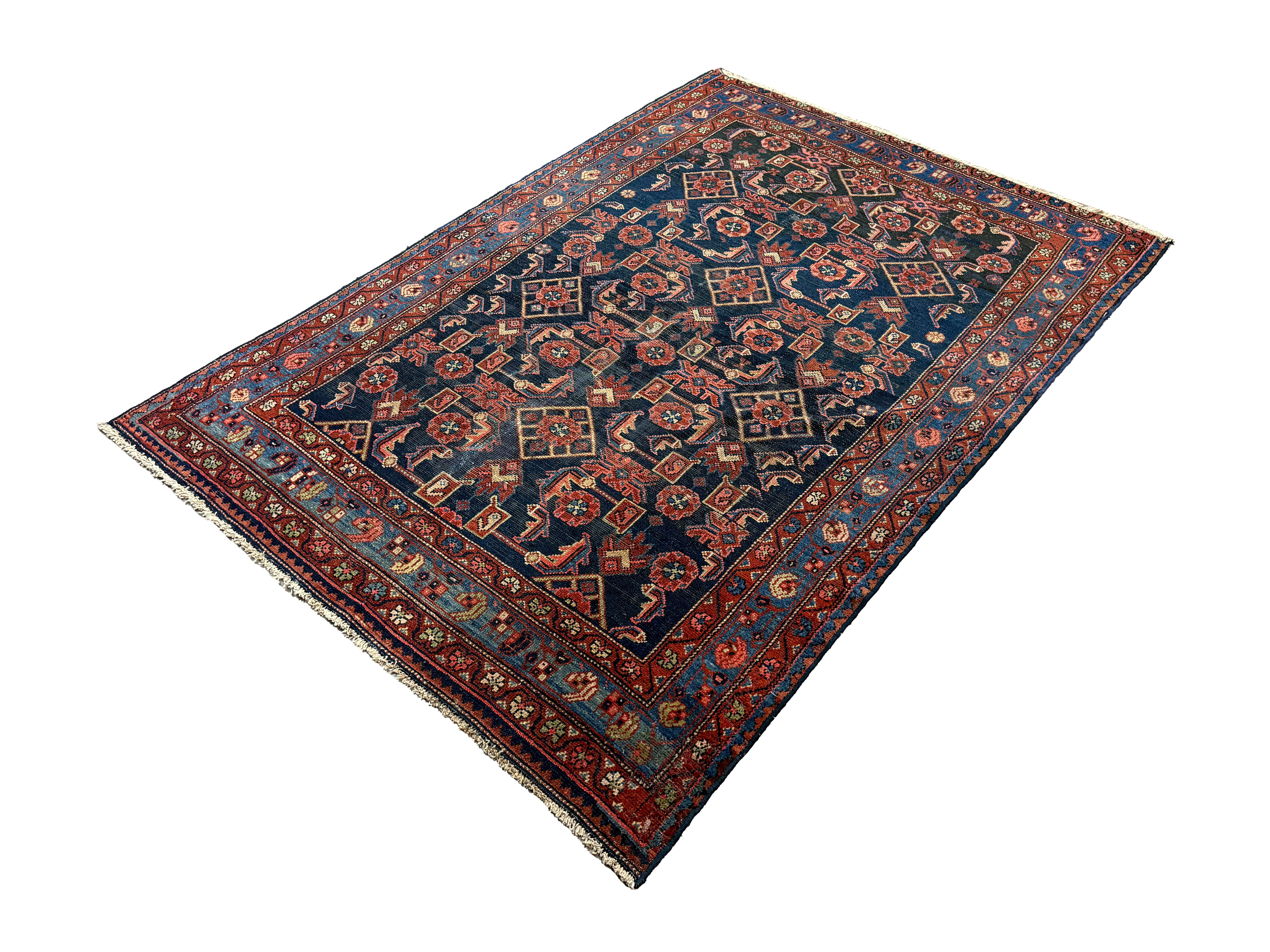 Persian Nanaj Rug, diagonal full view, hand-knotted wool with blue colouring. SKU 30060.