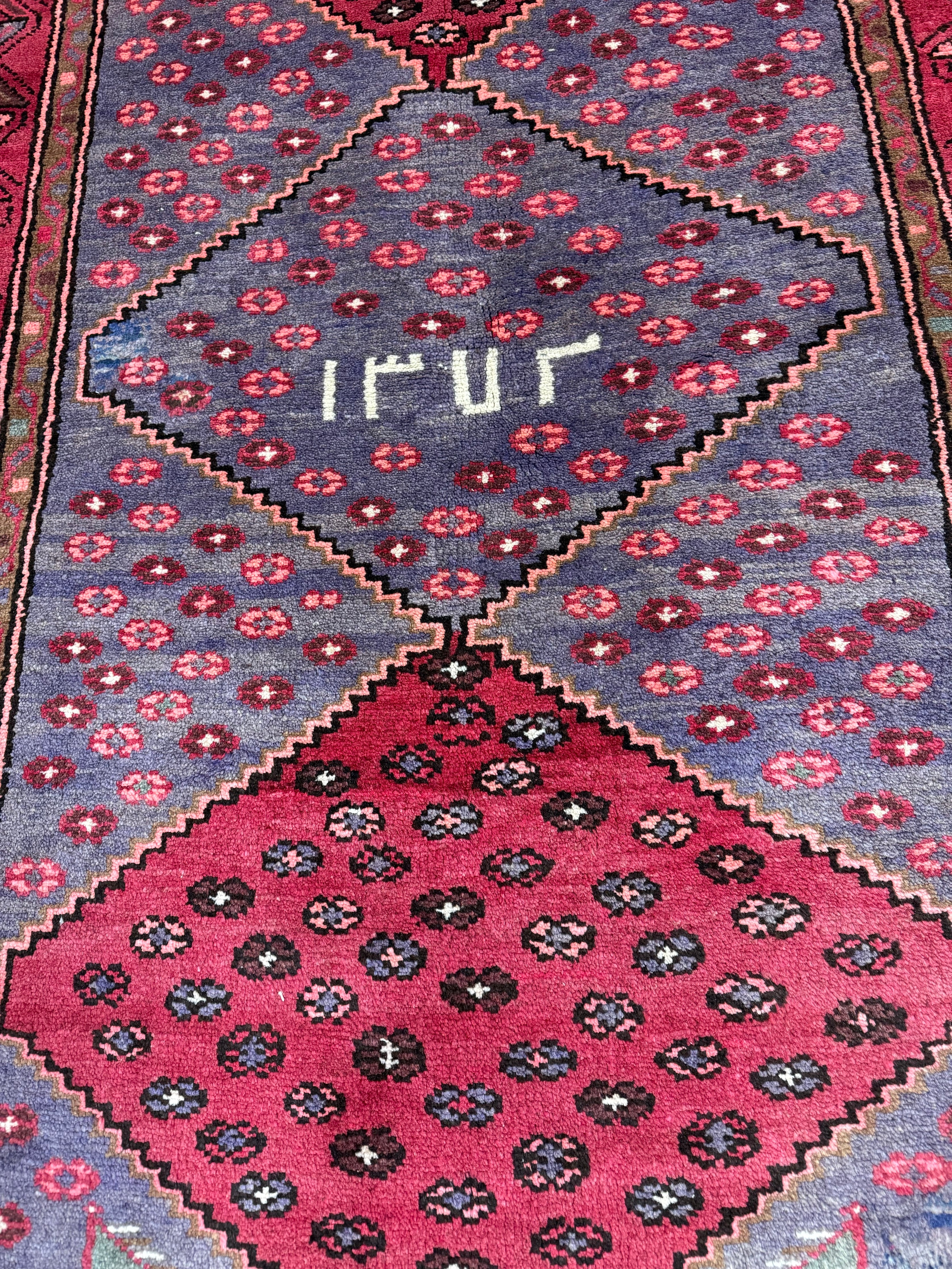 Vintage Houpa Zanjan Rug — Three Red Geometric Medallions on a Dark Field. Original rug photograph; SKU 30175; source 30175 IMG_6714.