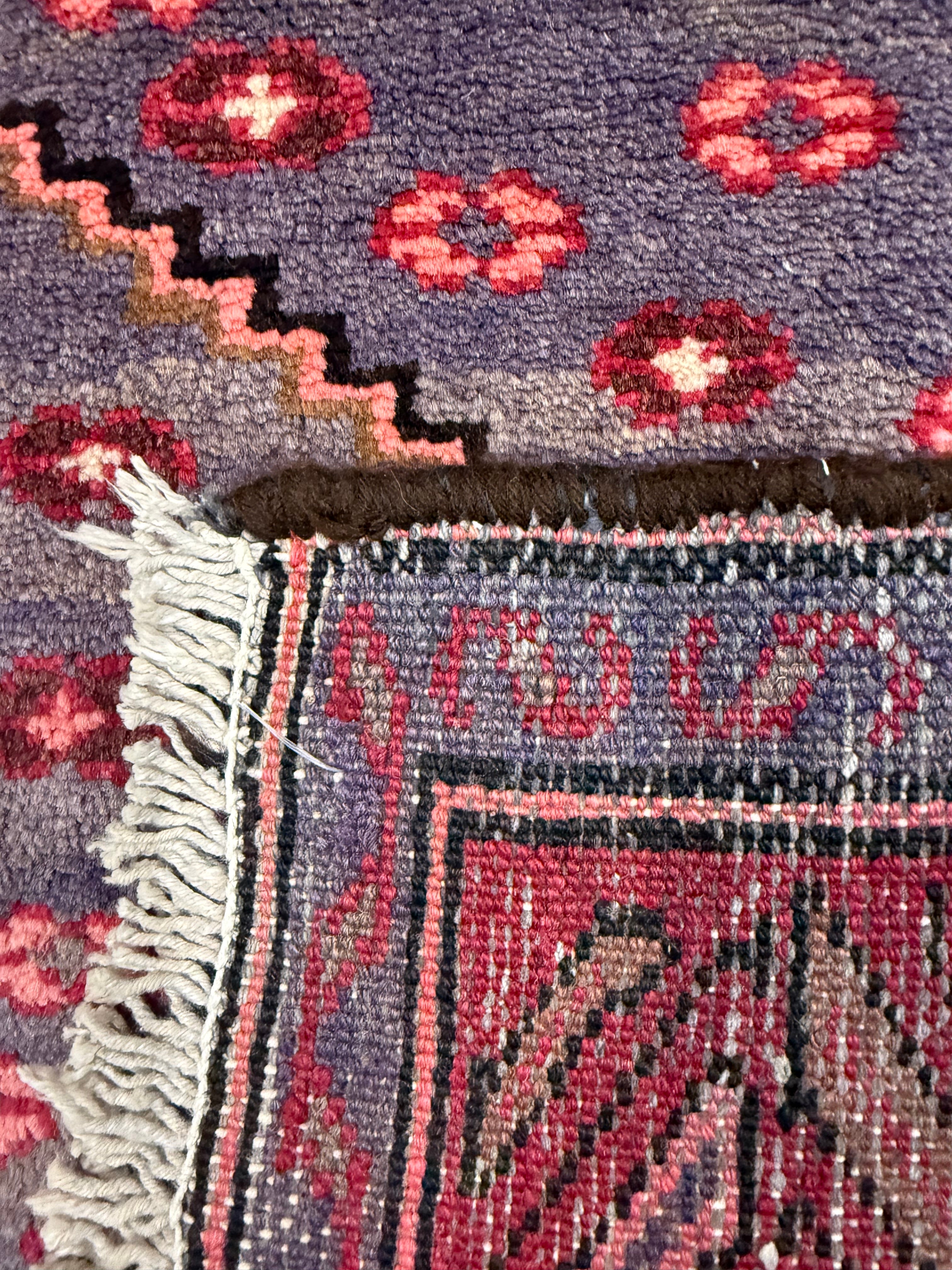 Vintage Houpa Zanjan Rug — Three Red Geometric Medallions on a Dark Field. Original rug photograph; SKU 30175; source 30175 IMG_6716.