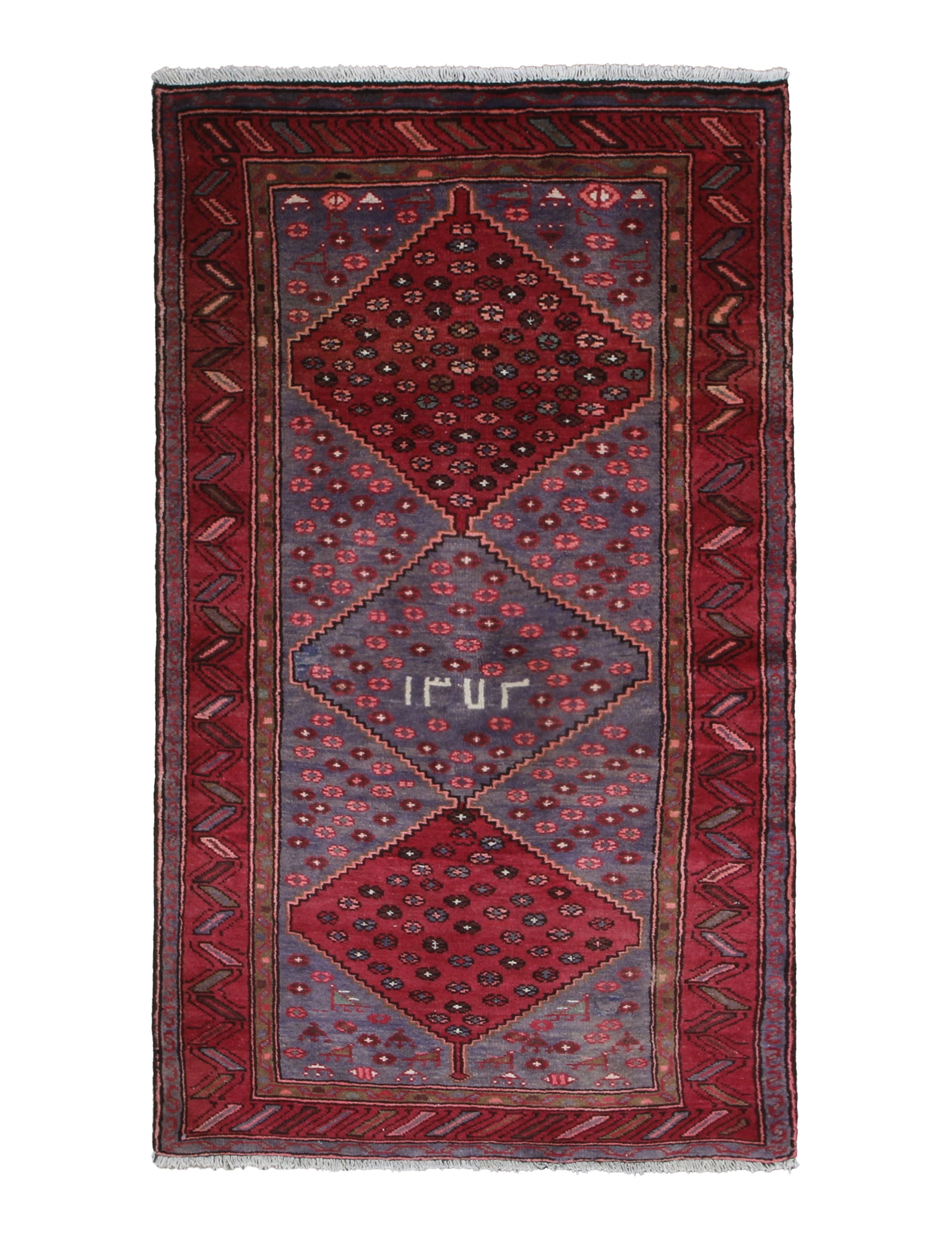Persian Houpa Zanjan Rug, top view on white background, hand-knotted wool with red colouring. SKU 30175.