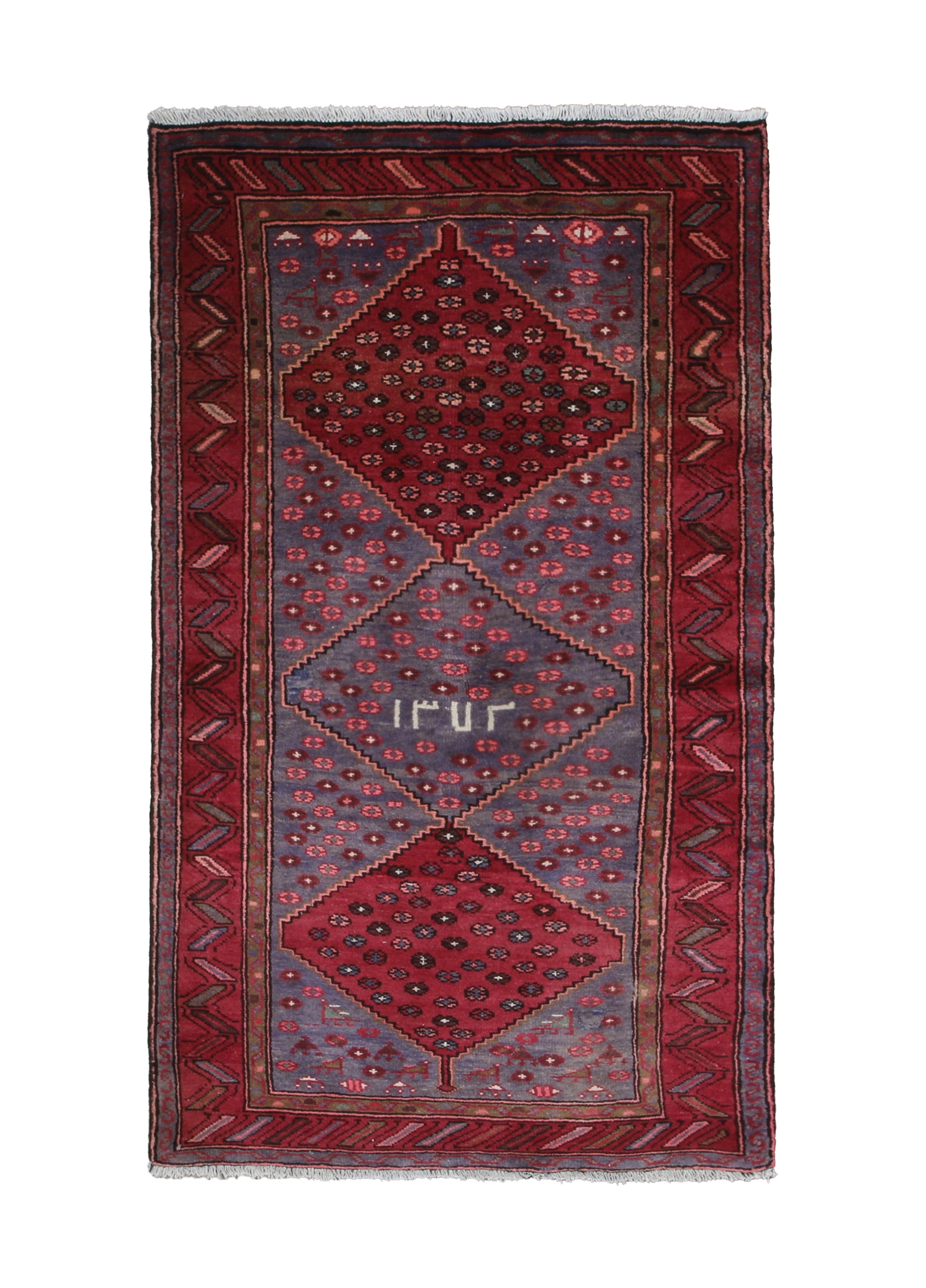 Persian Houpa Zanjan Rug, top view on white background, hand-knotted wool with red colouring. SKU 30175.