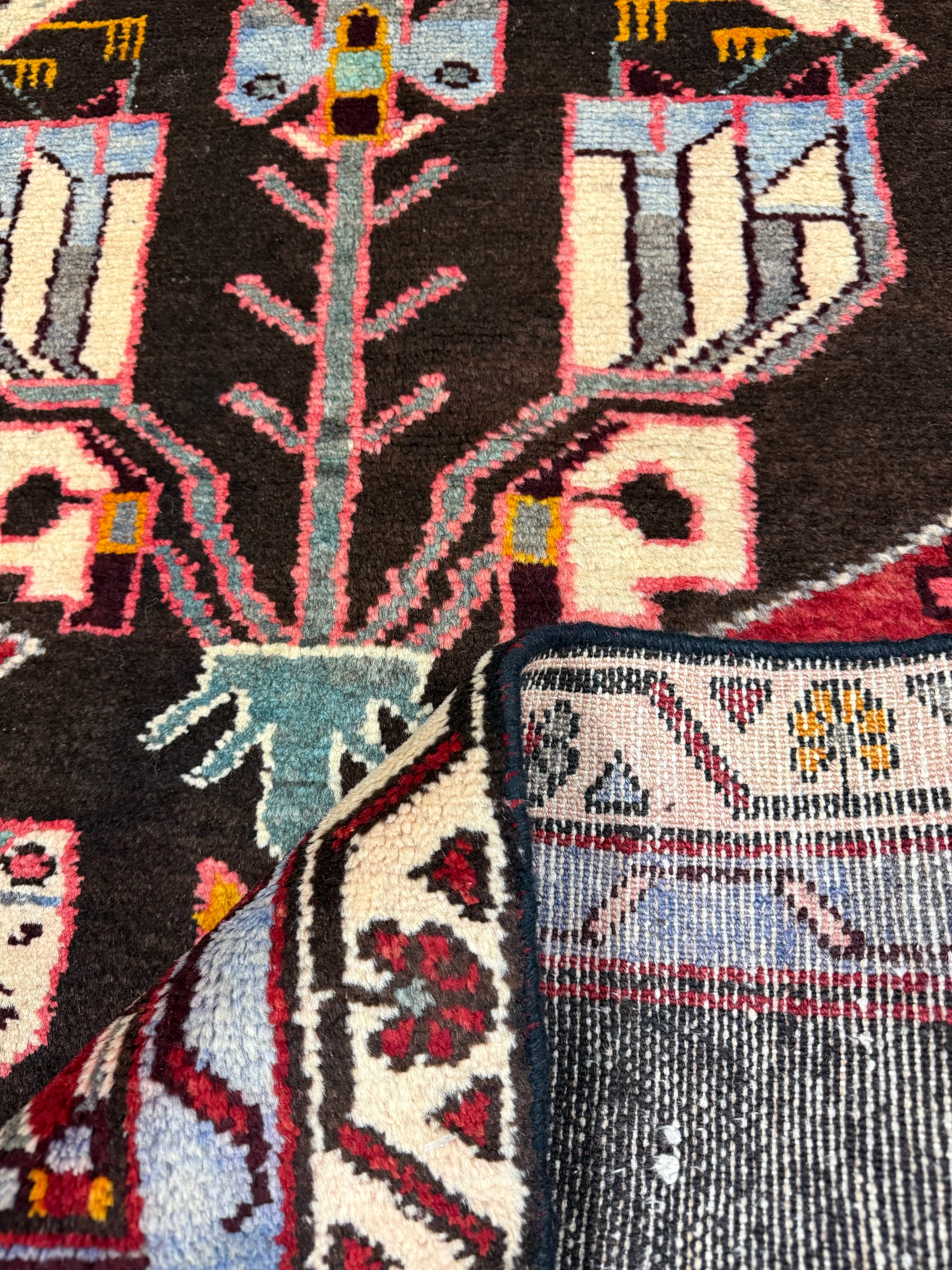 Vintage Tafresh Rug — Mirrored Motifs on a Dark Field with Red & Ivory Borders. Original rug photograph; SKU 30195; source 30195 IMG_6677.
