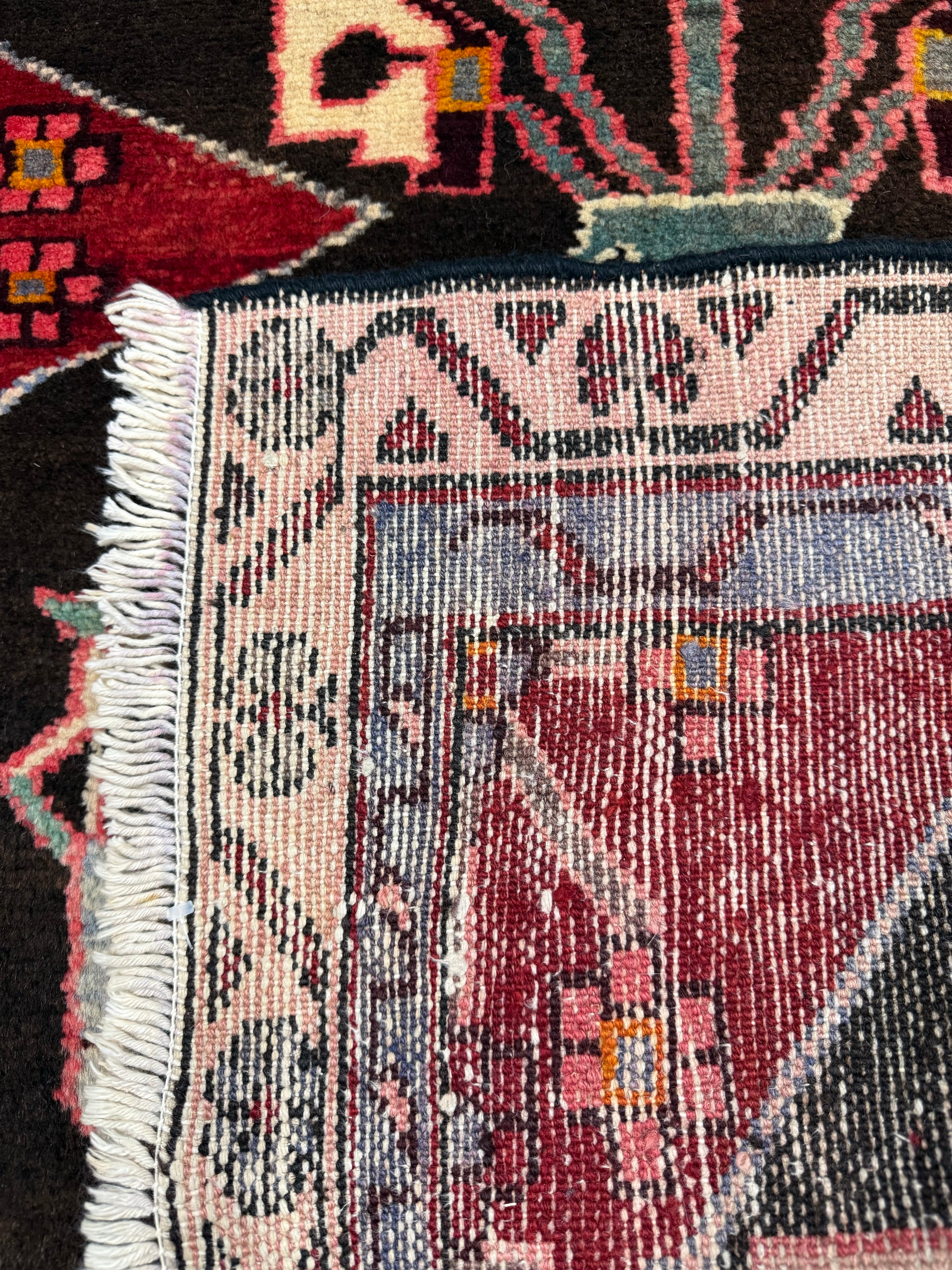 Vintage Tafresh Rug — Mirrored Motifs on a Dark Field with Red & Ivory Borders. Original rug photograph; SKU 30195; source 30195 IMG_6678.
