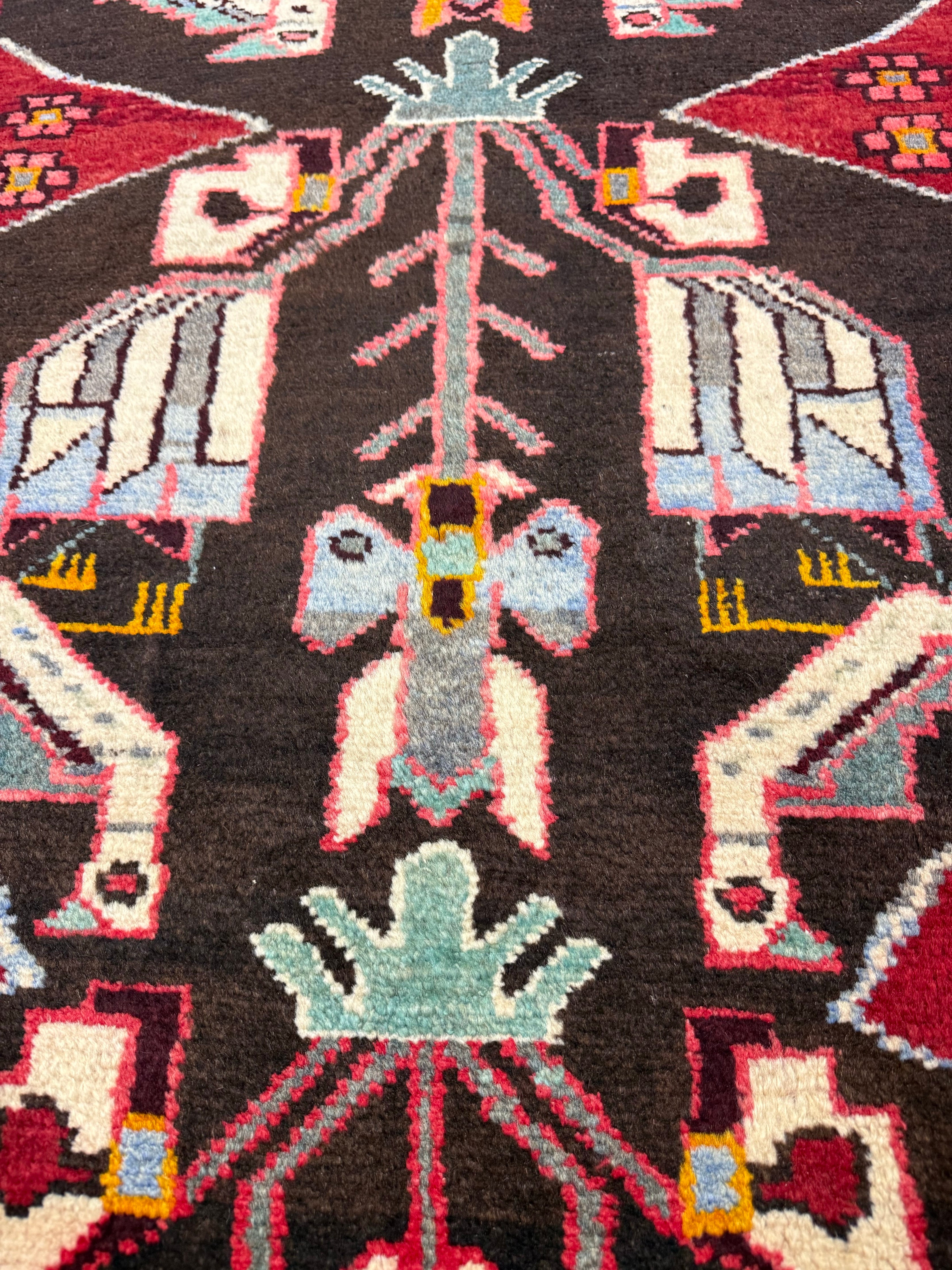 Vintage Tafresh Rug — Mirrored Motifs on a Dark Field with Red & Ivory Borders. Original rug photograph; SKU 30195; source 30195 IMG_6686.