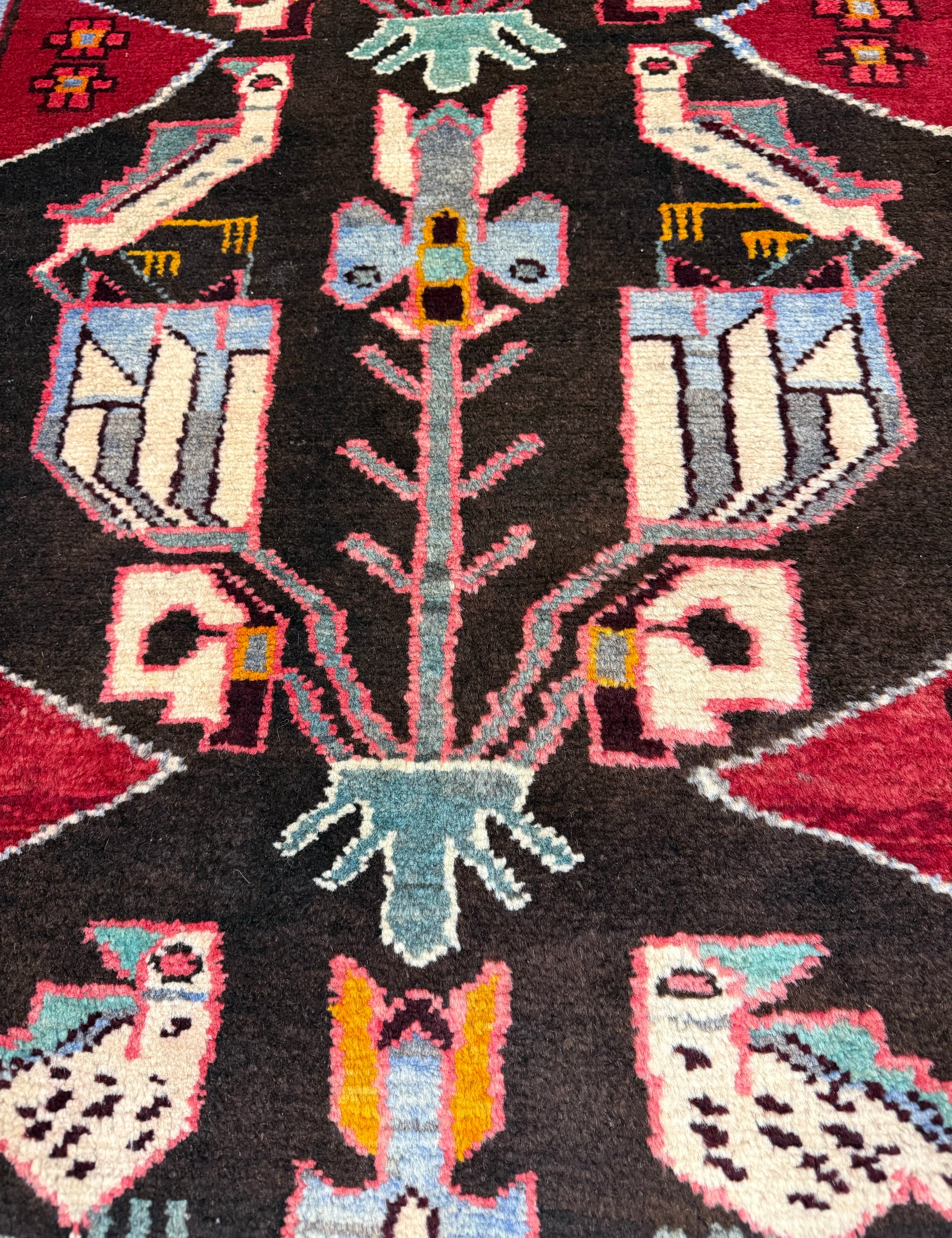 Vintage Tafresh Rug — Mirrored Motifs on a Dark Field with Red & Ivory Borders. Original rug photograph; SKU 30195; source 30195 IMG_6691.