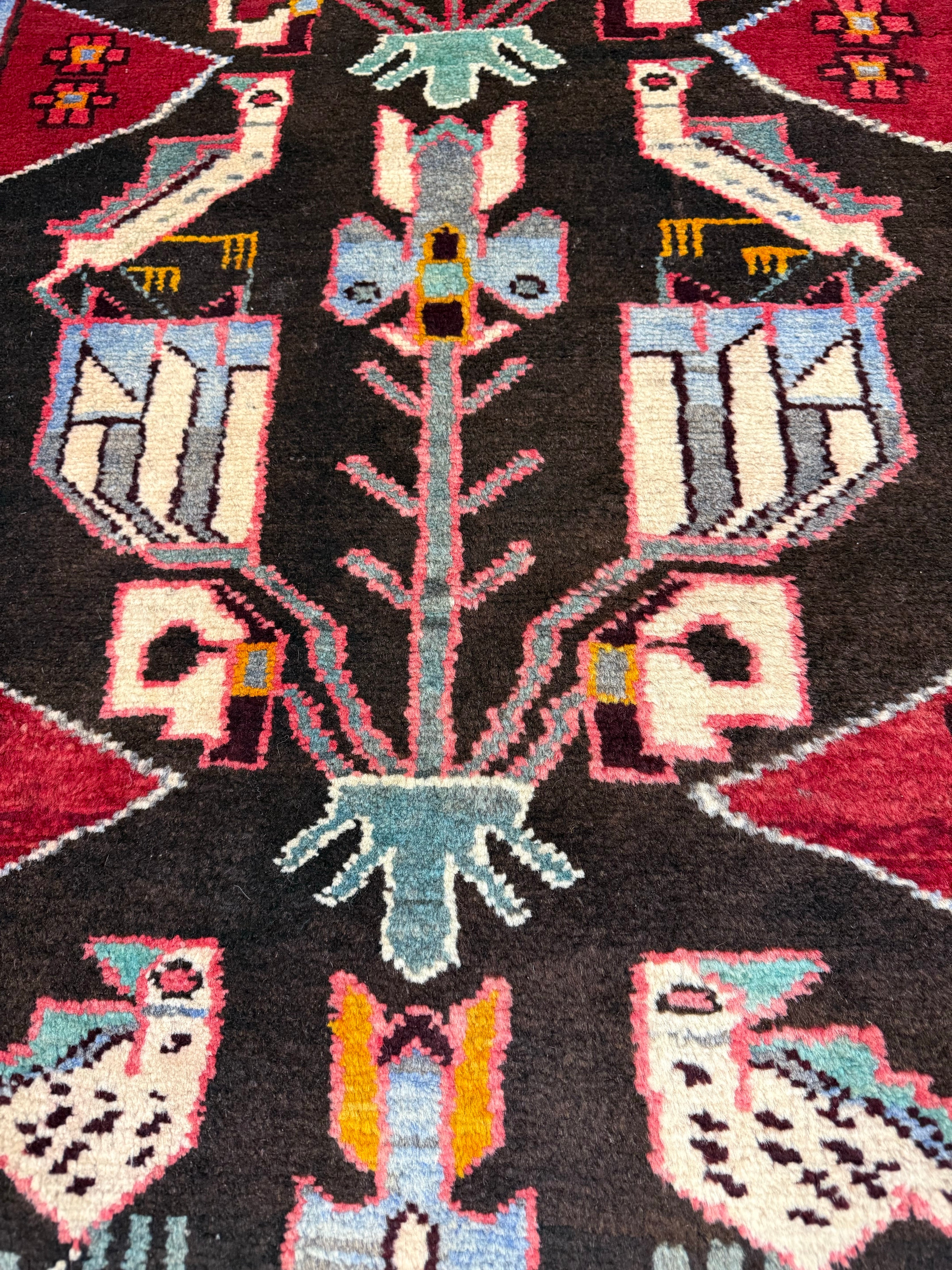 Vintage Tafresh Rug — Mirrored Motifs on a Dark Field with Red & Ivory Borders. Original rug photograph; SKU 30195; source 30195 IMG_6691.
