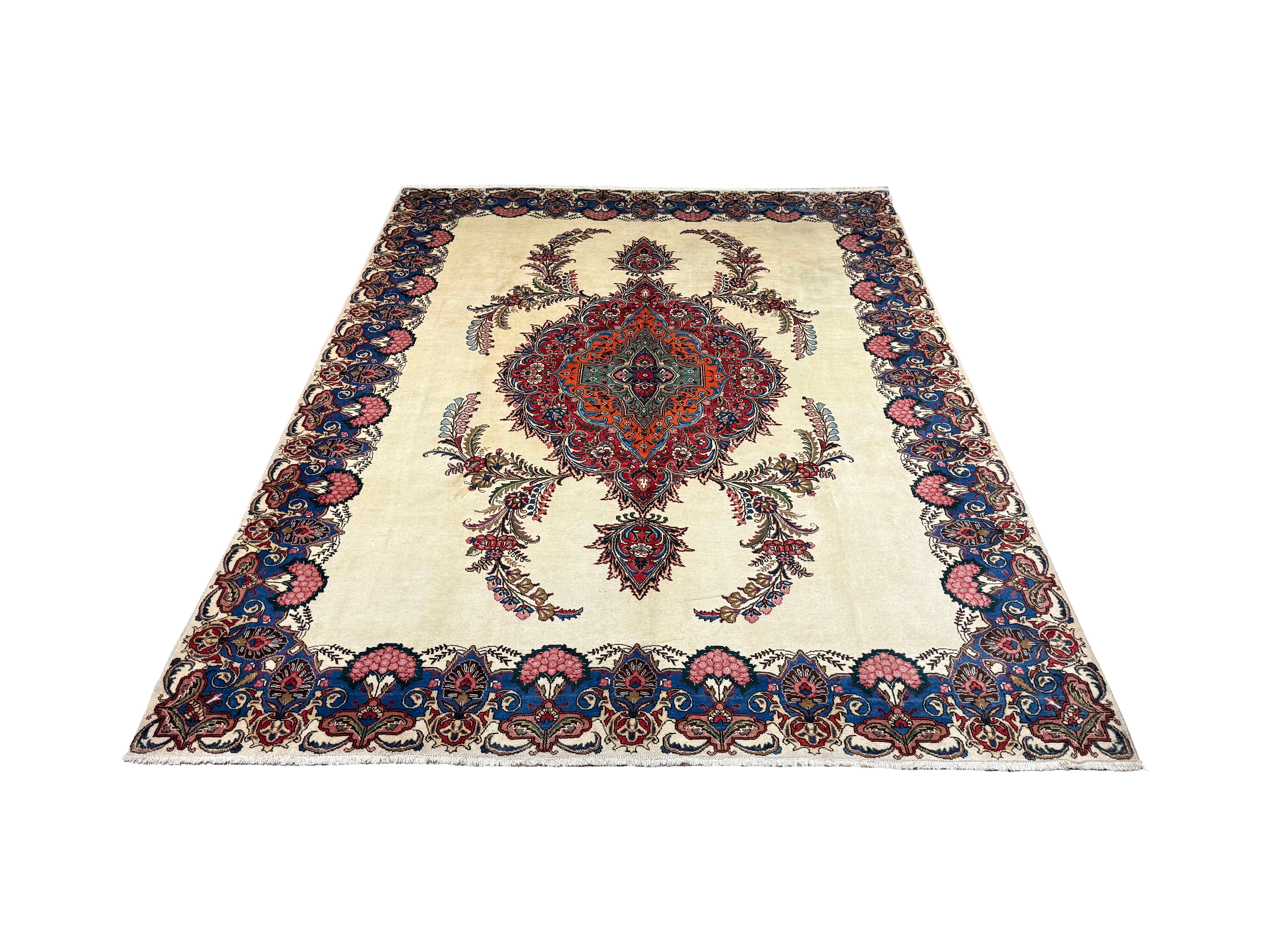 Vintage Tabriz Rug, full rug in perspective showing the patterned field and borders, hand-knotted wool pile. SKU 30228.