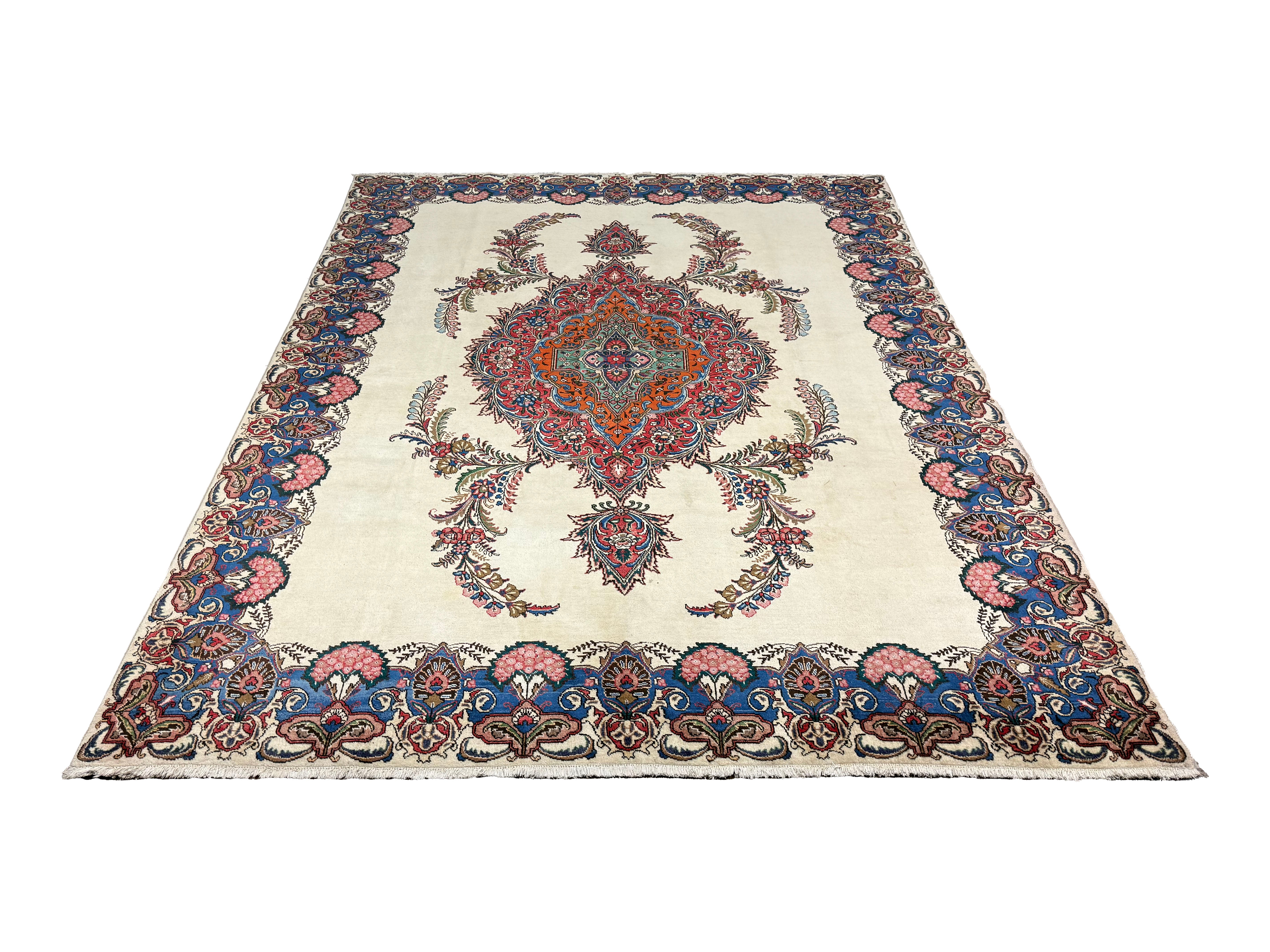 Vintage Tabriz Rug, front perspective view of the complete rug, hand-knotted wool pile. SKU 30228.