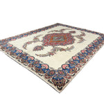 Vintage Tabriz Rug, diagonal perspective view of the complete rug, hand-knotted wool pile. SKU 30228.