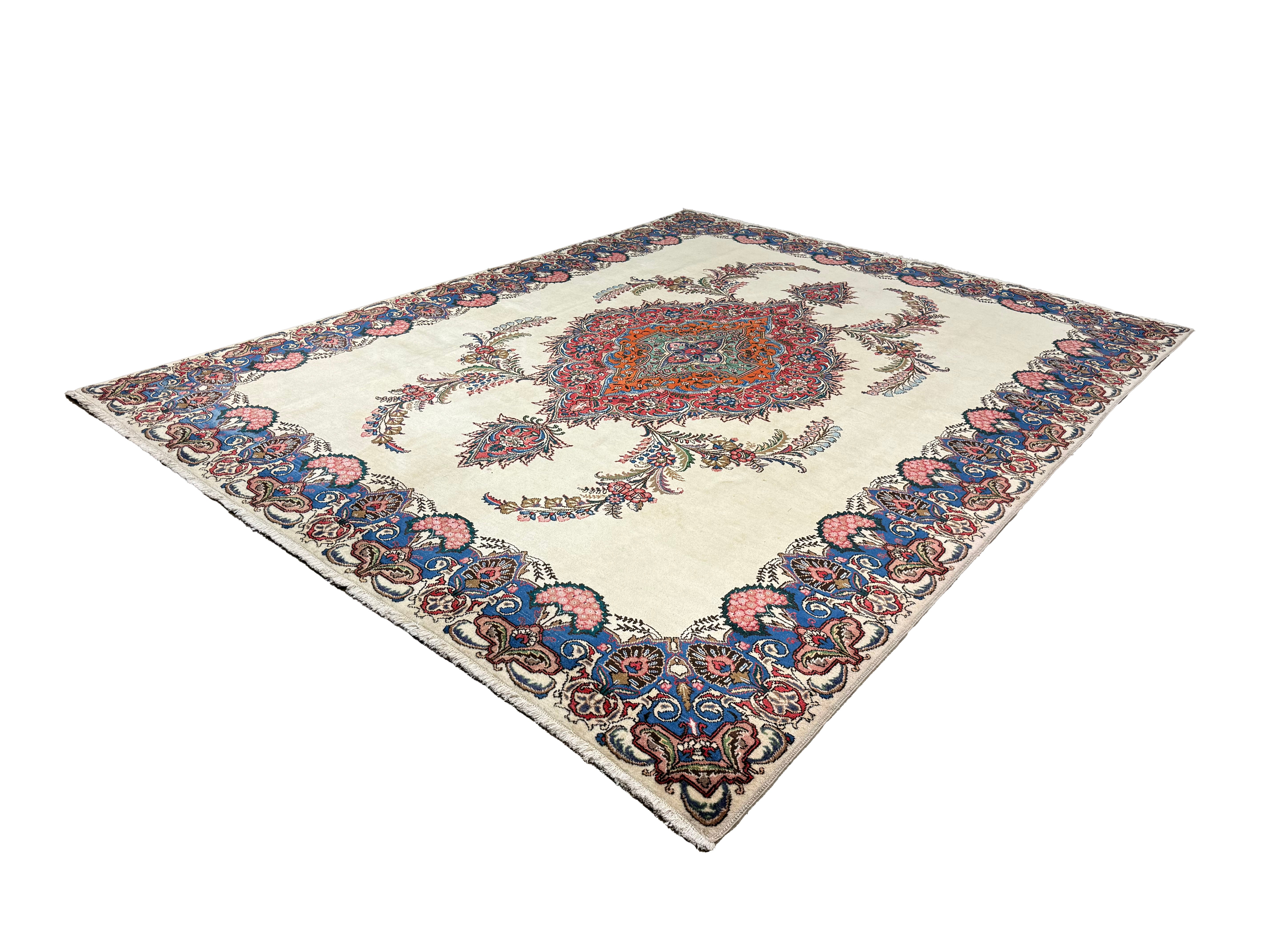 Vintage Tabriz Rug, diagonal perspective view of the complete rug, hand-knotted wool pile. SKU 30228.
