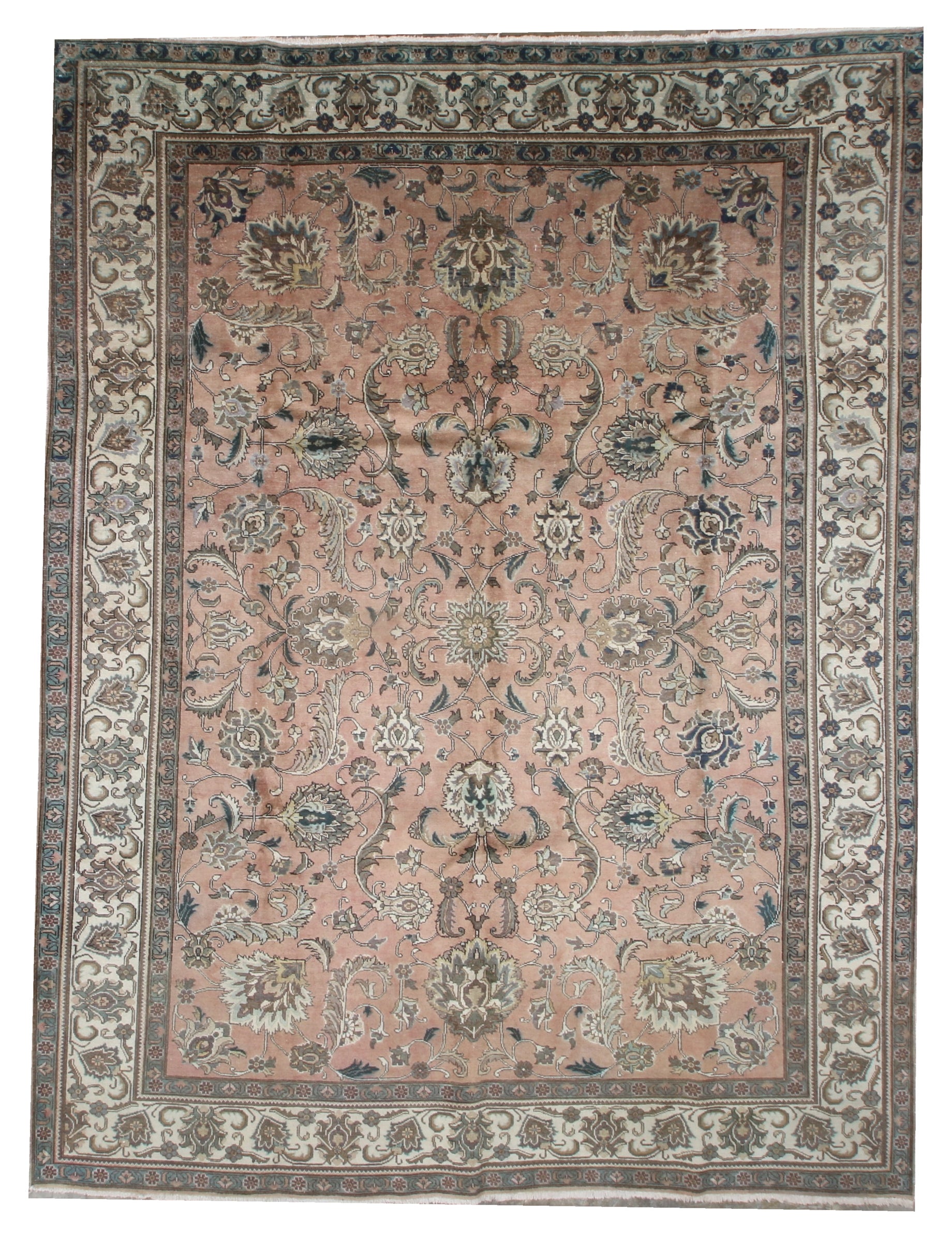 Brown Persian-style rug with ornate floral medallion border, beige and teal accents