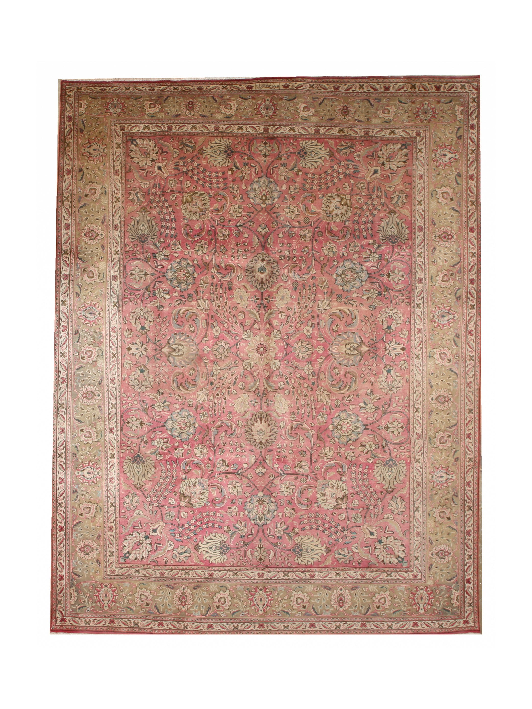 Tabriz hand-knotted wool rug, full top view.