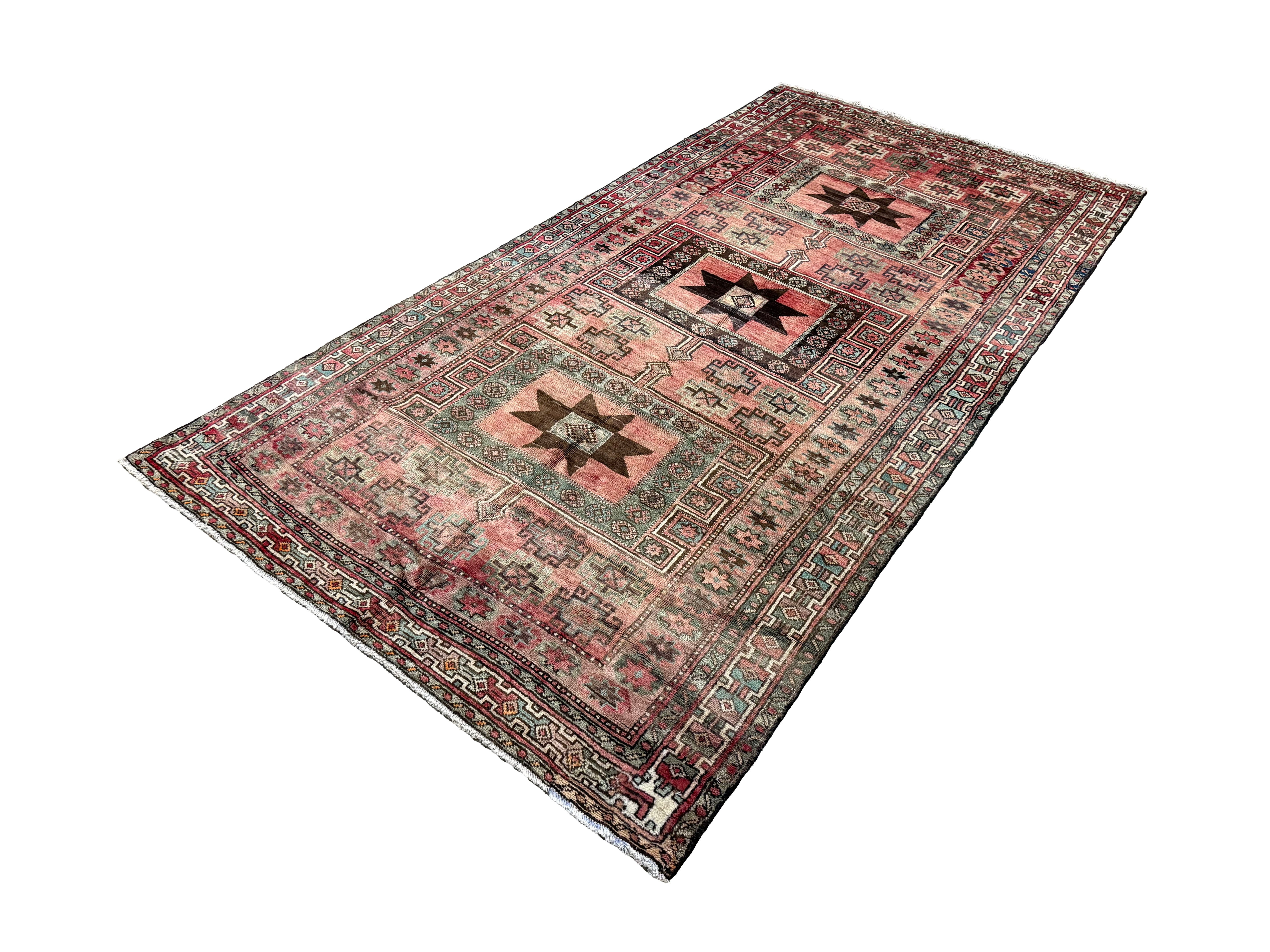 Vintage Hamadan Rug, diagonal perspective view of the complete rug, hand-knotted wool pile. SKU 30496.
