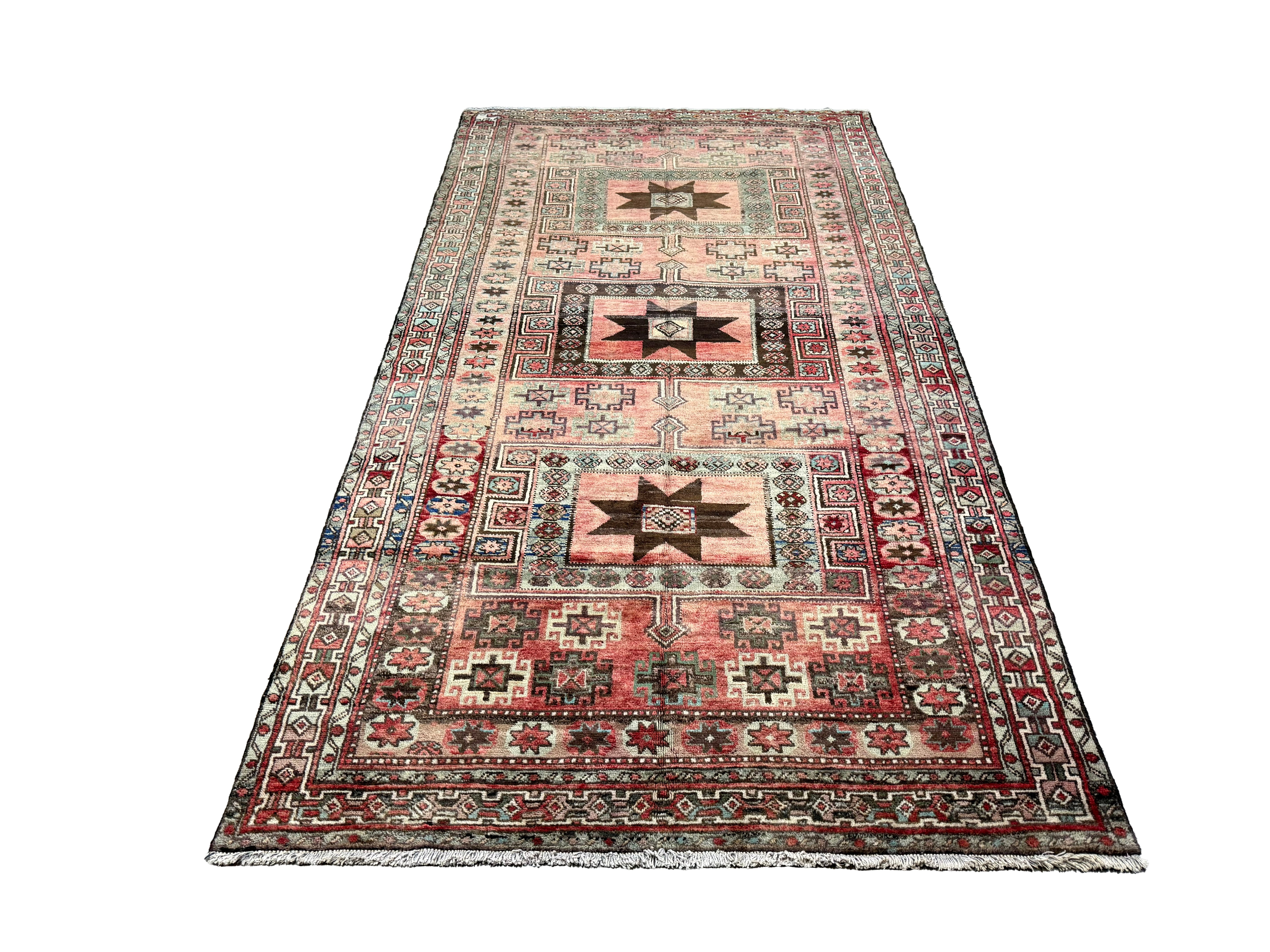 Vintage Hamadan Rug, full rug in perspective showing the patterned field and borders, hand-knotted wool pile. SKU 30496.