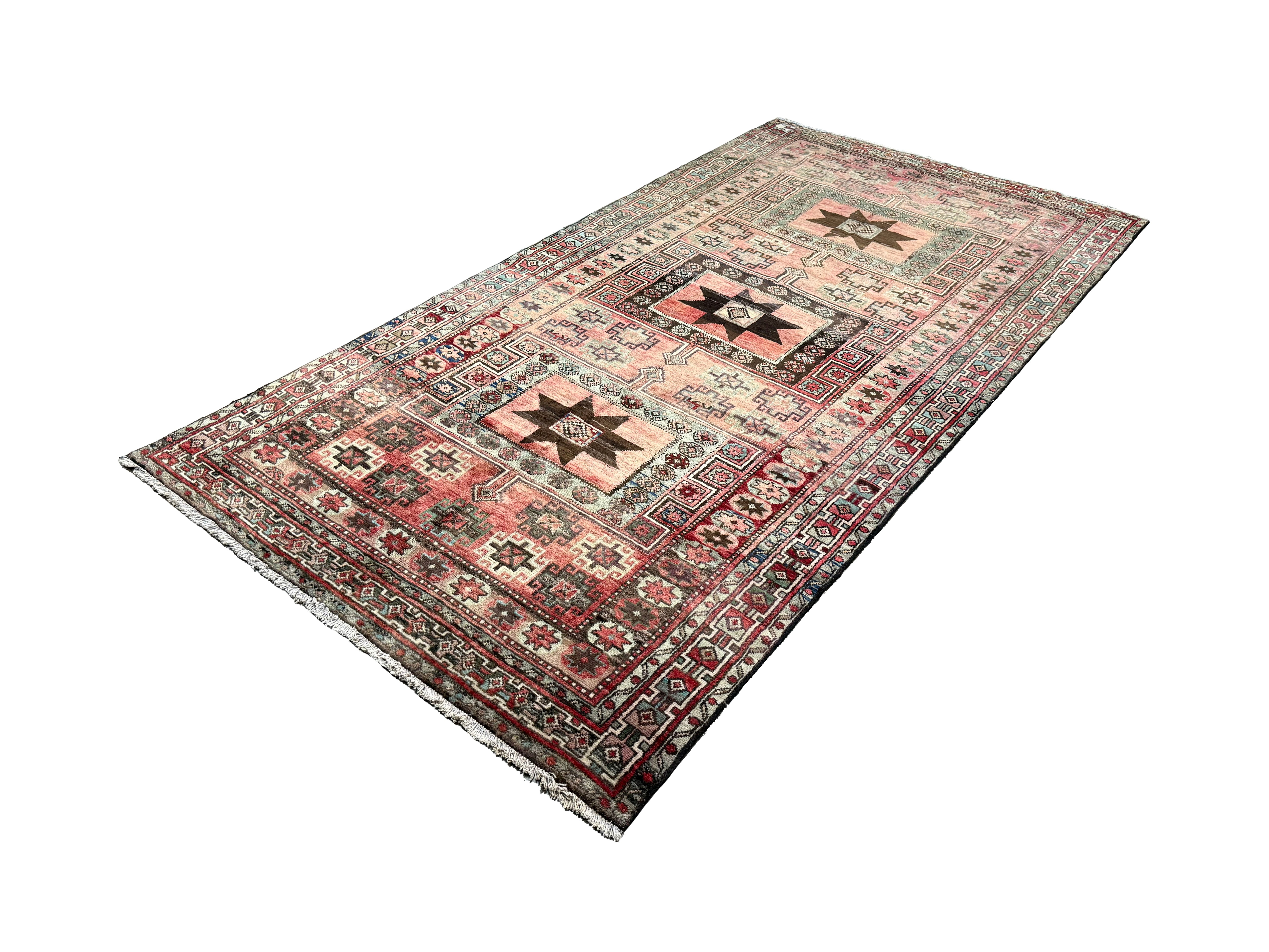 Vintage Hamadan Rug, angled view showing the full field and borders, hand-knotted wool pile. SKU 30496.