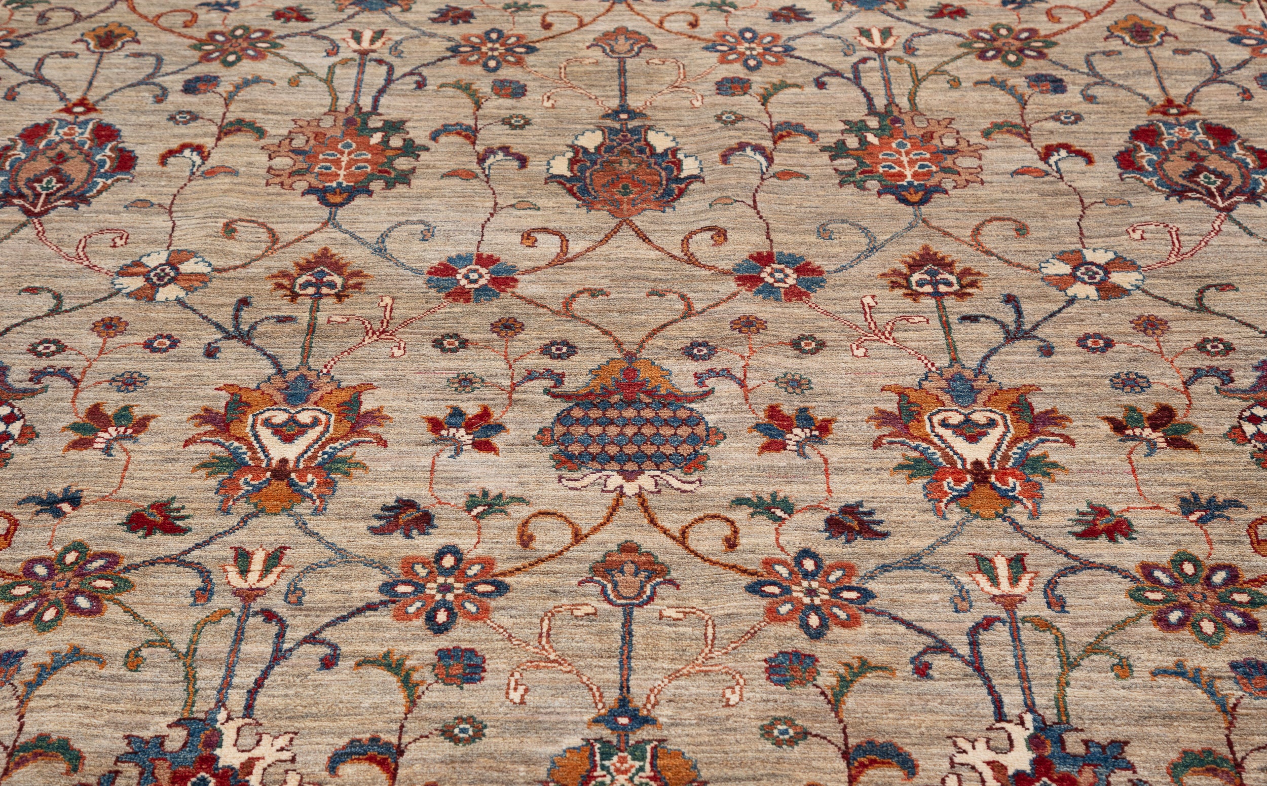 Afghan Sultani Rug in beige and burgundy — pattern, texture or angled view