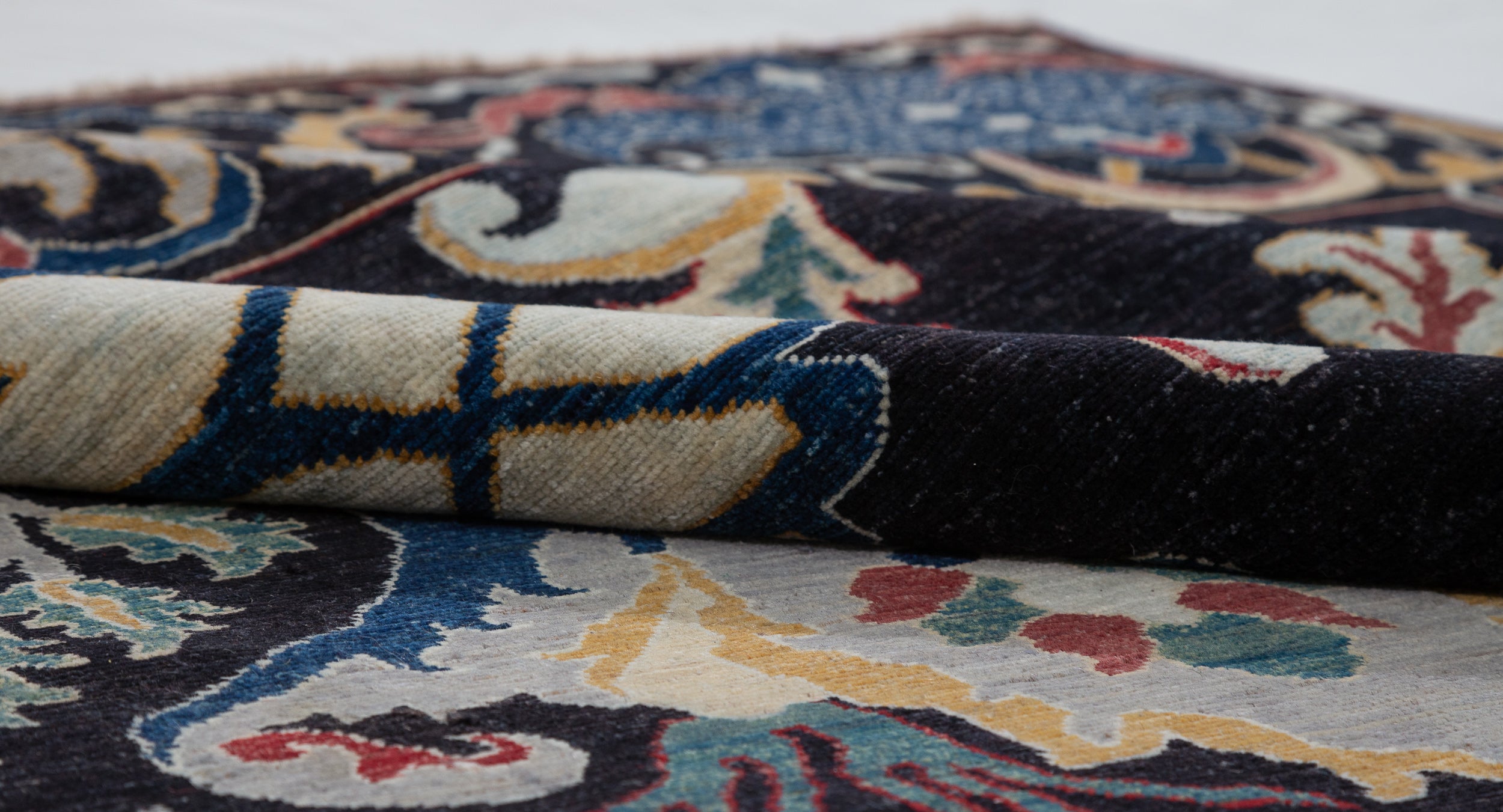 Afghan Chobbi Rug in black, ivory and blue — pattern, texture or angled view