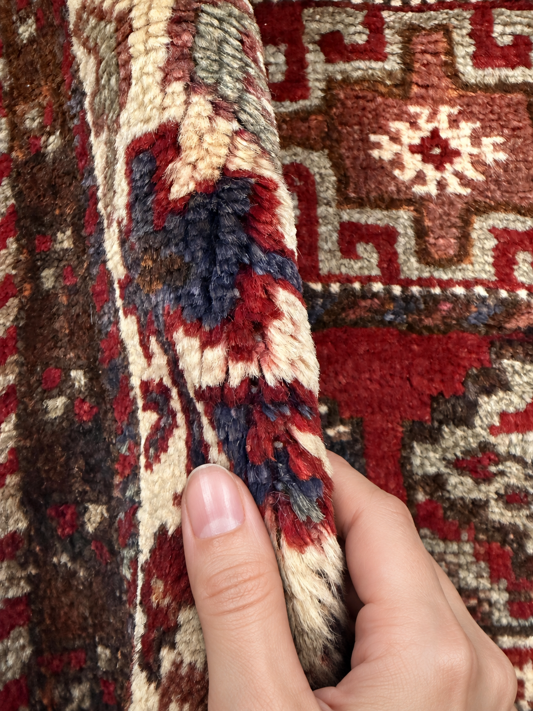 Vintage Quchan Kurdish Rug — Stacked Geometric Compartments in Red, Cream & Blue. Rug pile and texture detail; SKU 30811; source IMG_6902.