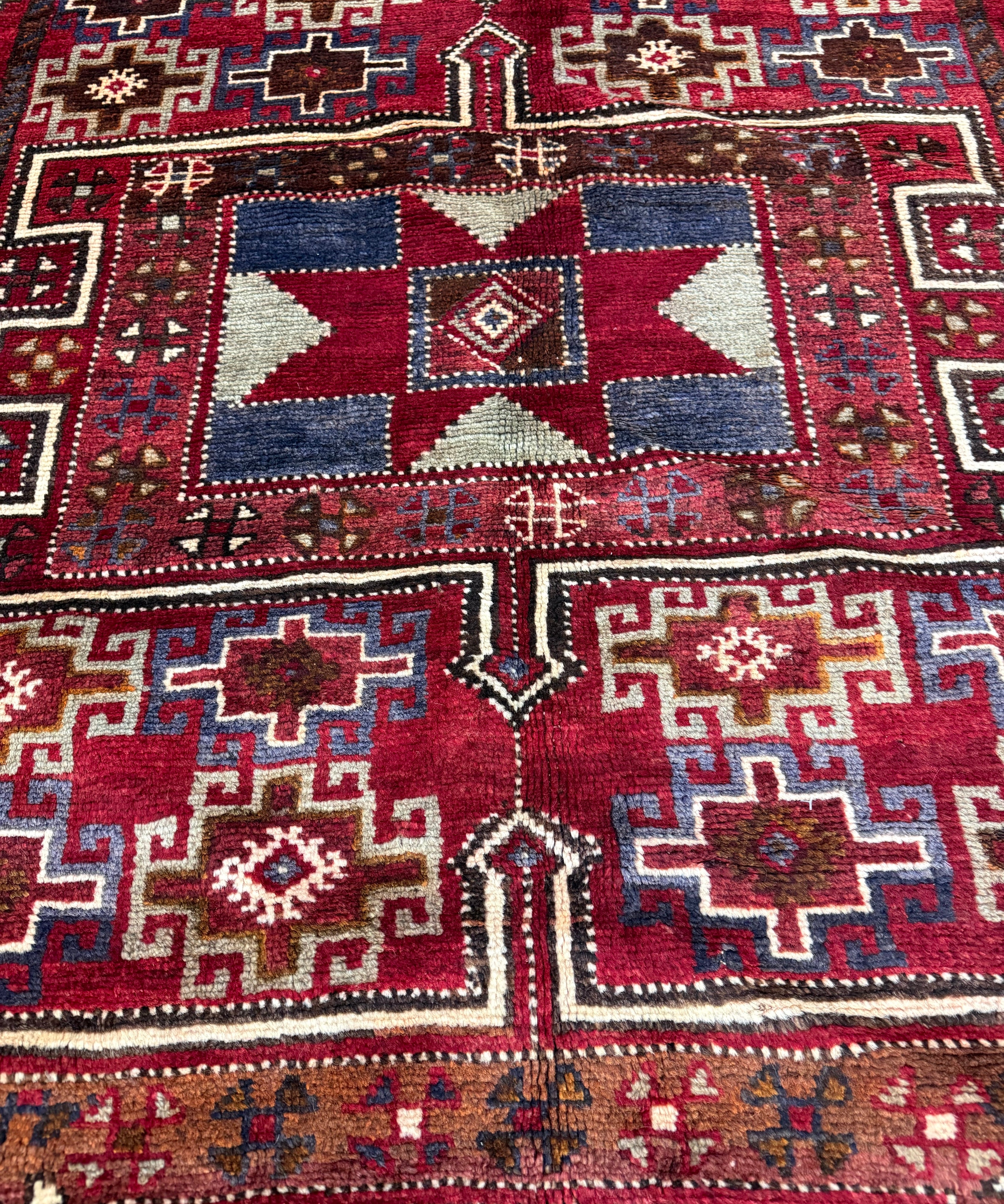 Vintage Quchan Kurdish Rug — Stacked Geometric Compartments in Red, Cream & Blue. Original rug photograph; SKU 30811; source IMG_6897.