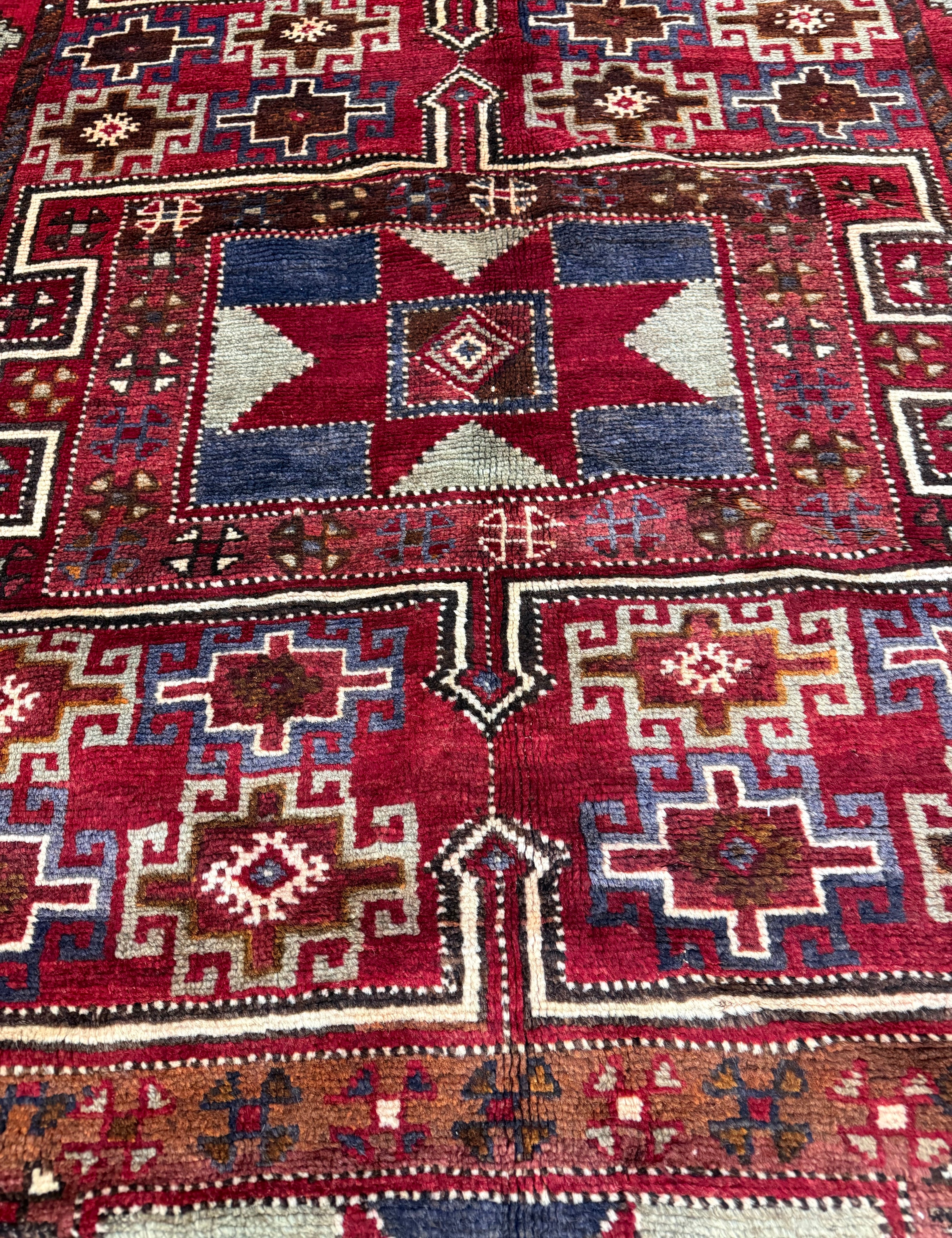 Vintage Quchan Kurdish Rug — Stacked Geometric Compartments in Red, Cream & Blue. Original rug photograph; SKU 30811; source IMG_6897.