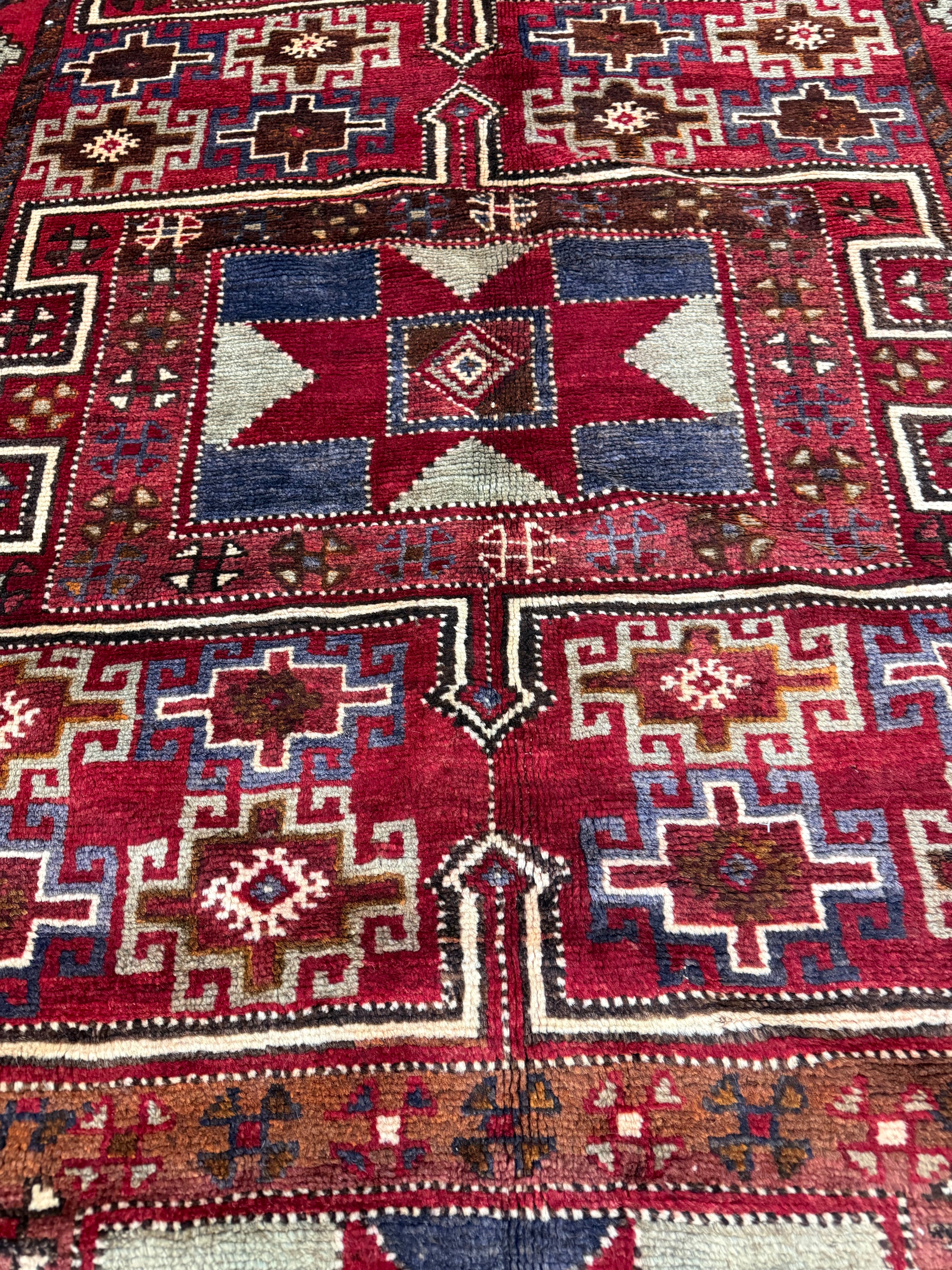 Vintage Quchan Kurdish Rug — Stacked Geometric Compartments in Red, Cream & Blue. Original rug photograph; SKU 30811; source IMG_6897.