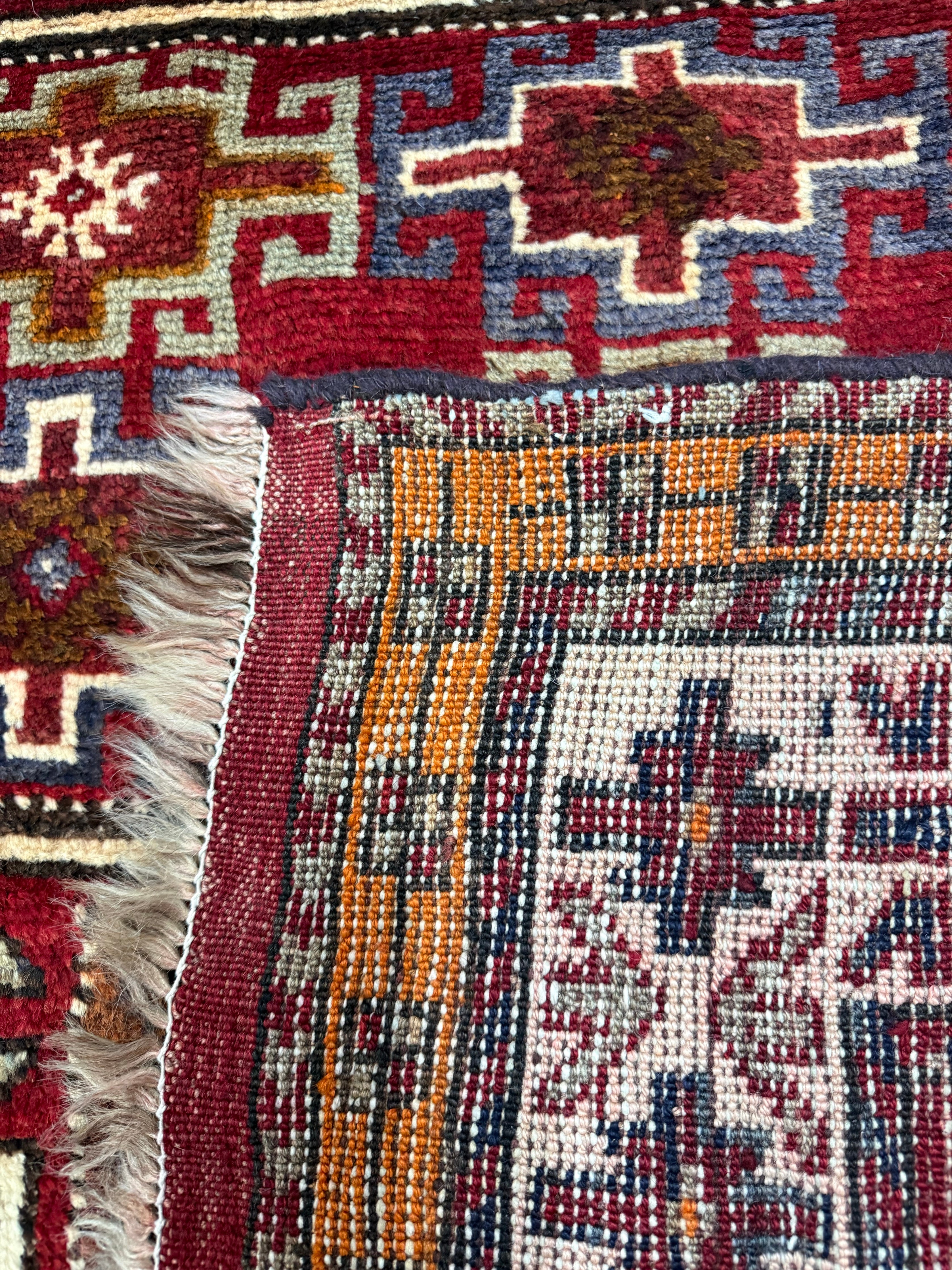 Vintage Quchan Kurdish Rug — Stacked Geometric Compartments in Red, Cream & Blue. Original rug photograph; SKU 30811; source IMG_6900.