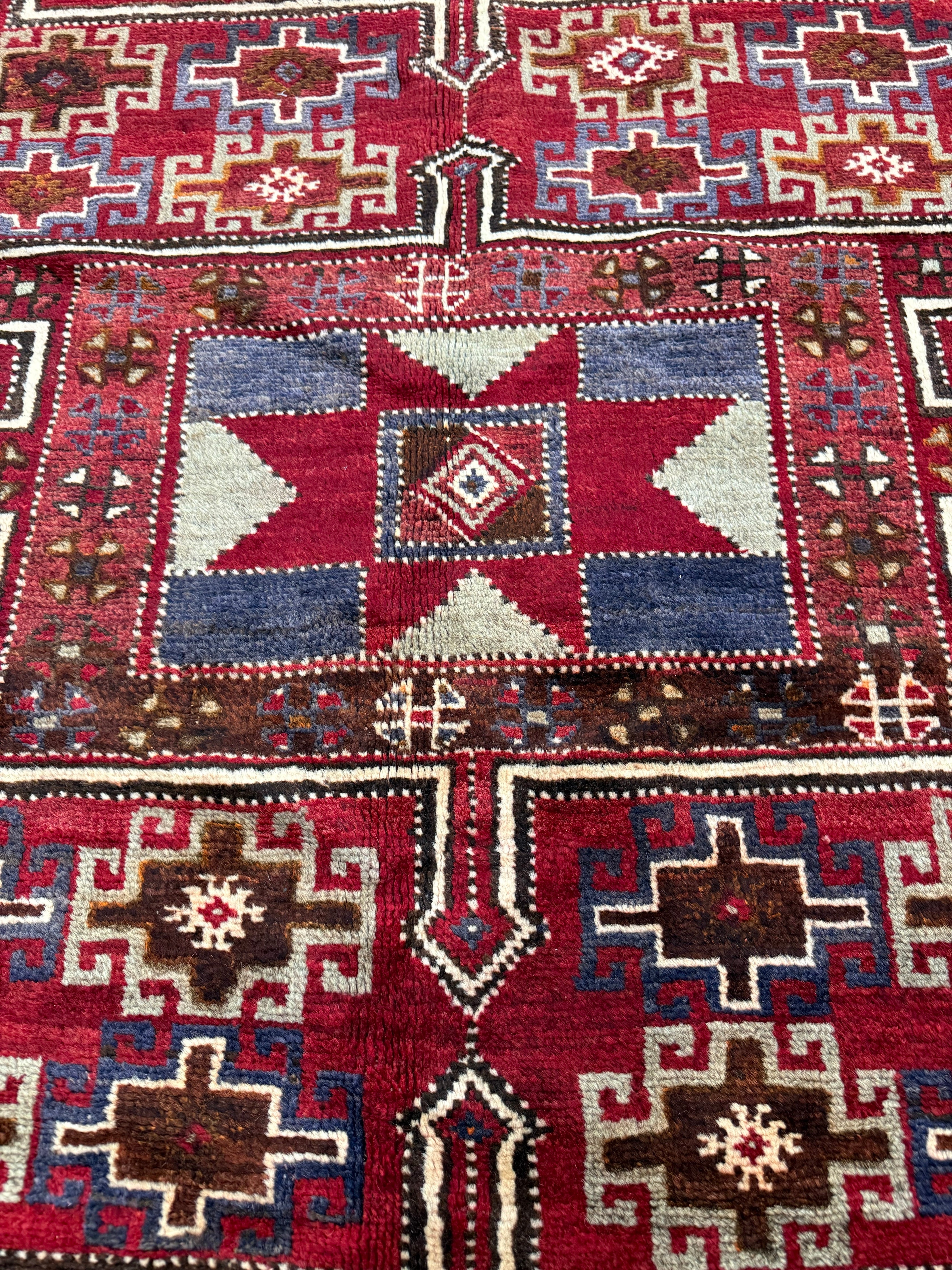 Vintage Quchan Kurdish Rug — Stacked Geometric Compartments in Red, Cream & Blue. Original rug photograph; SKU 30811; source IMG_6907.