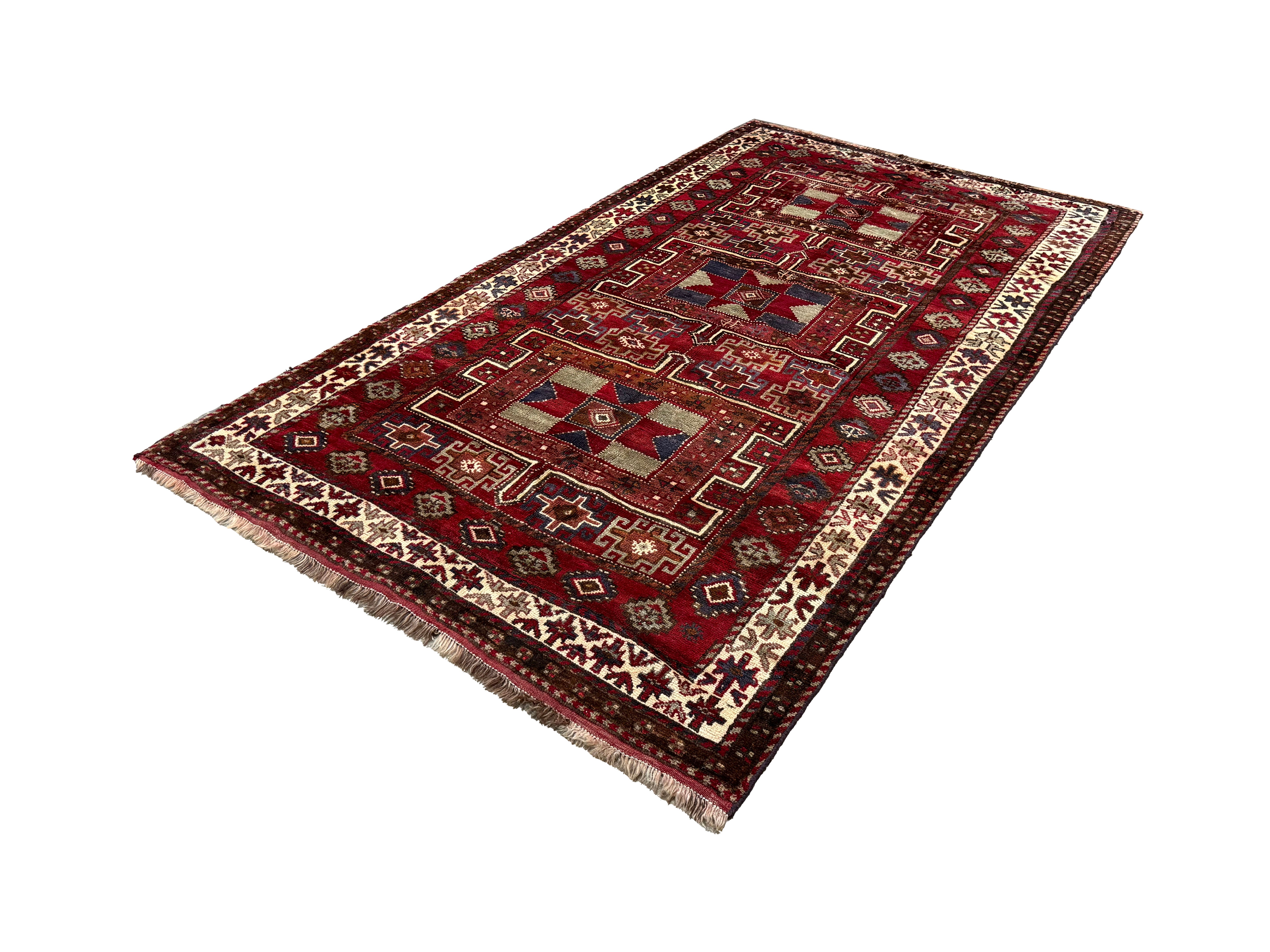Persian Quchan Kurdish Rug, diagonal full view, hand-knotted wool with red colouring. SKU 30811.