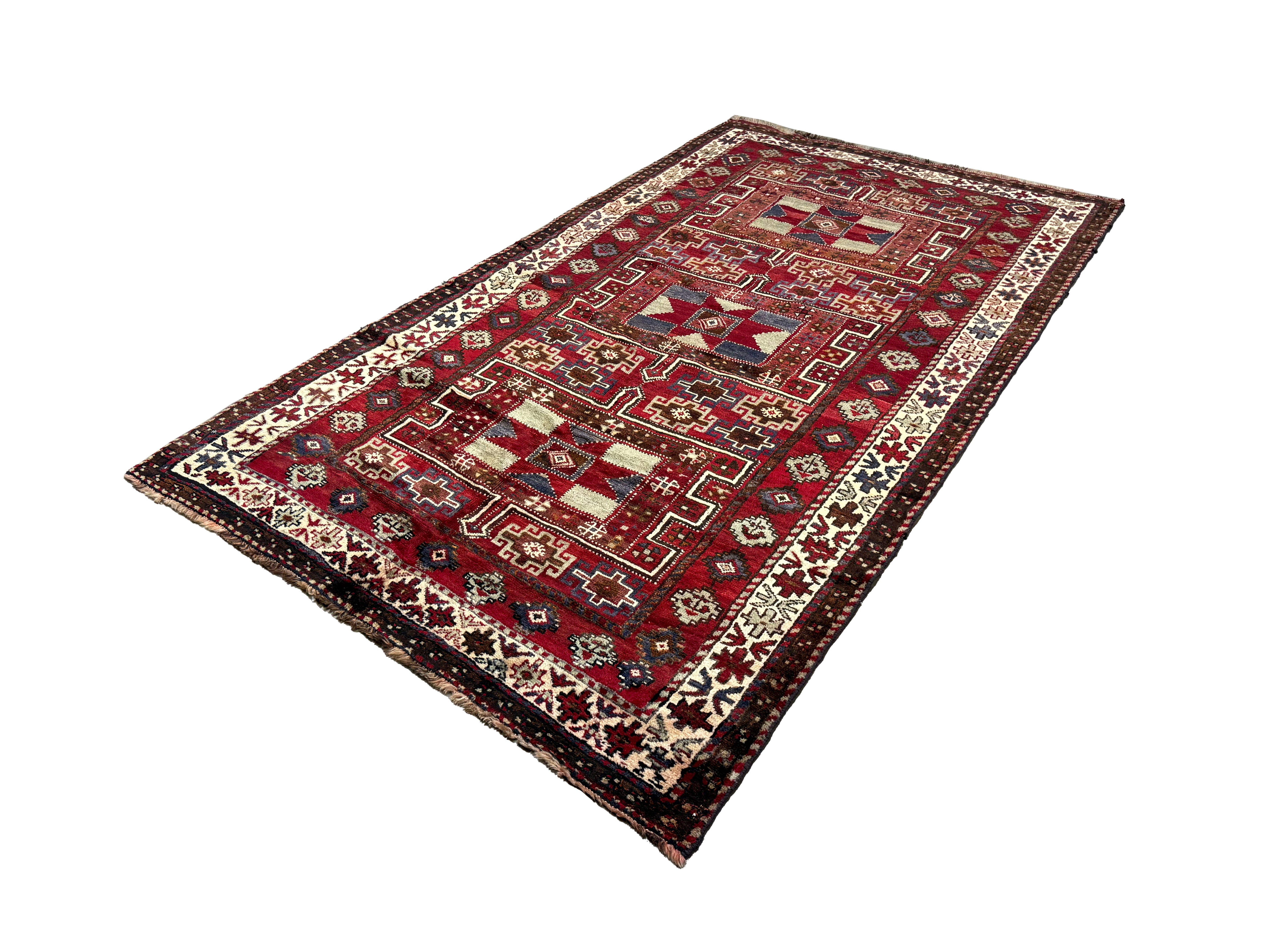 Persian Quchan Kurdish Rug, diagonal full view, hand-knotted wool with red colouring. SKU 30811.