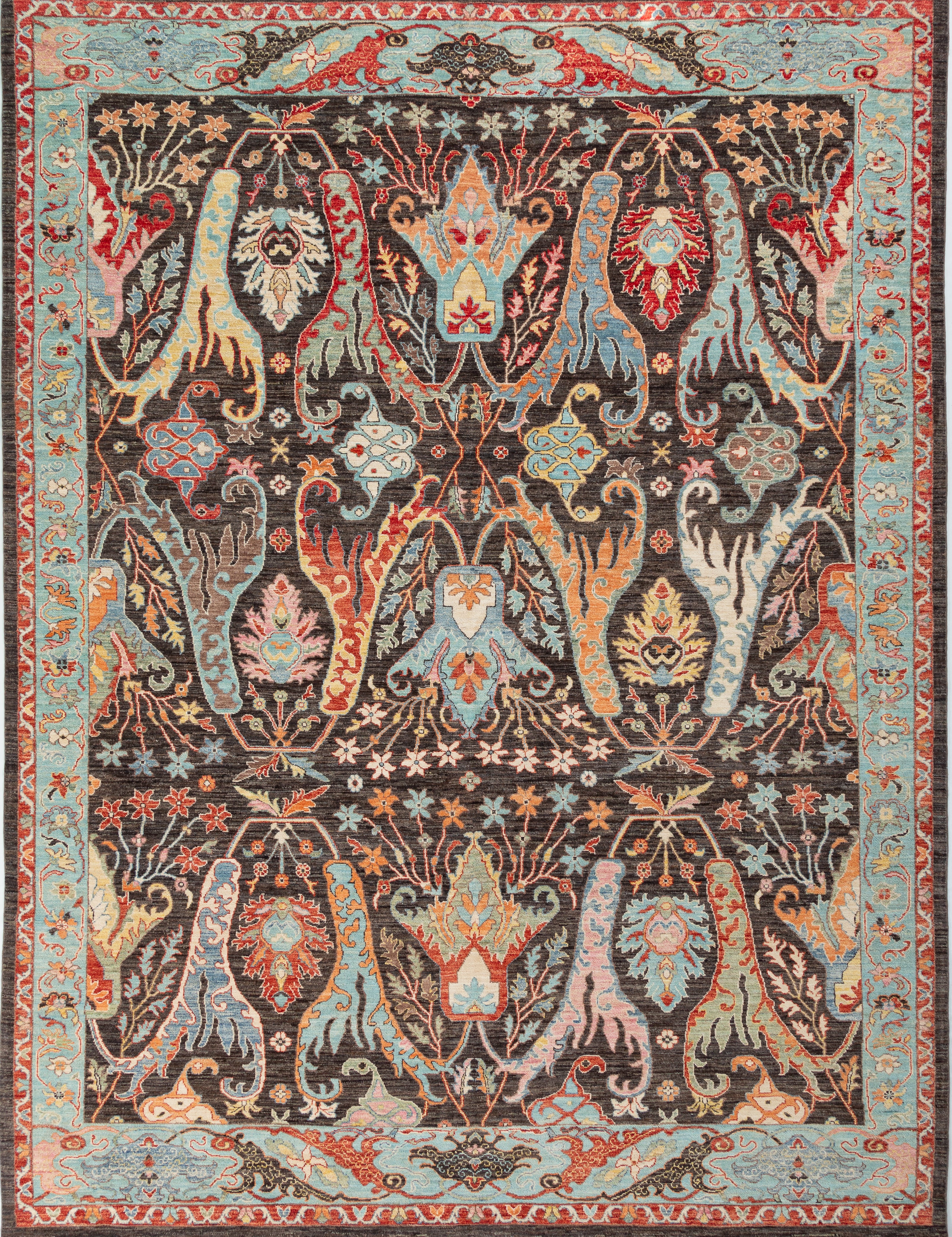 Afghan Chobbi Rug in charcoal, blue and rust — full rug view
