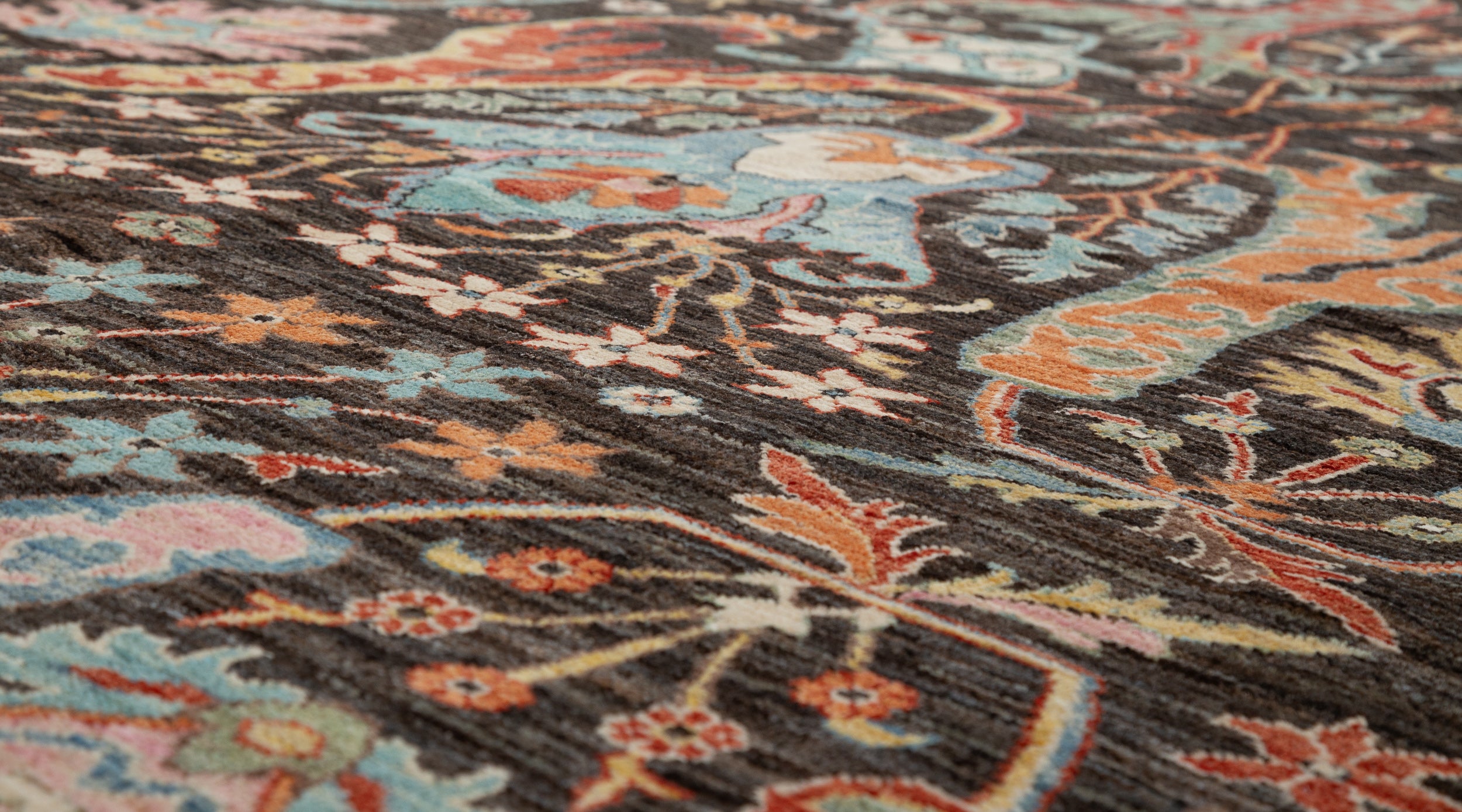 Afghan Chobbi Rug in charcoal, blue and rust — pattern, texture or angled view
