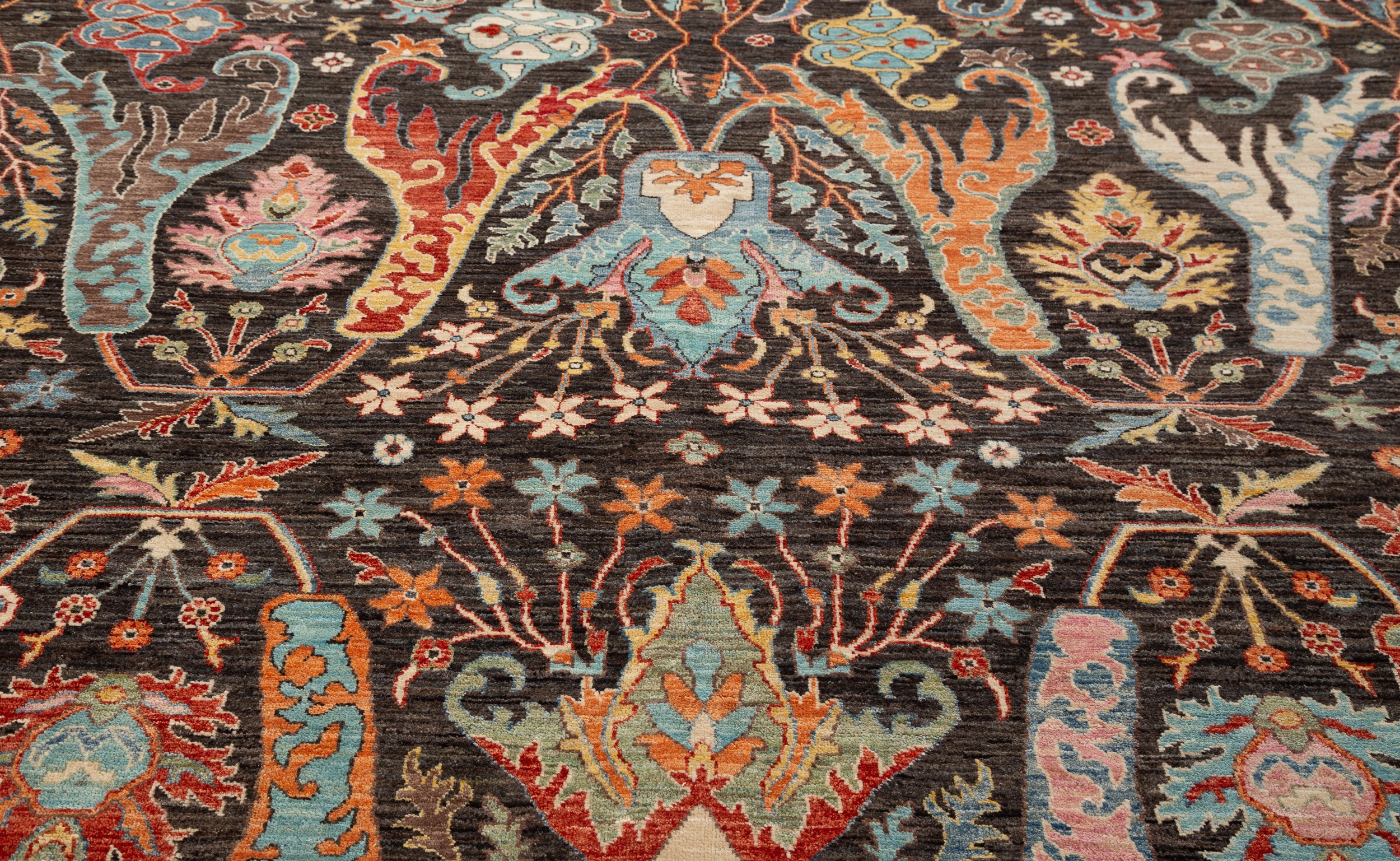 Afghan Chobbi Rug in charcoal, blue and rust — pattern, texture or angled view