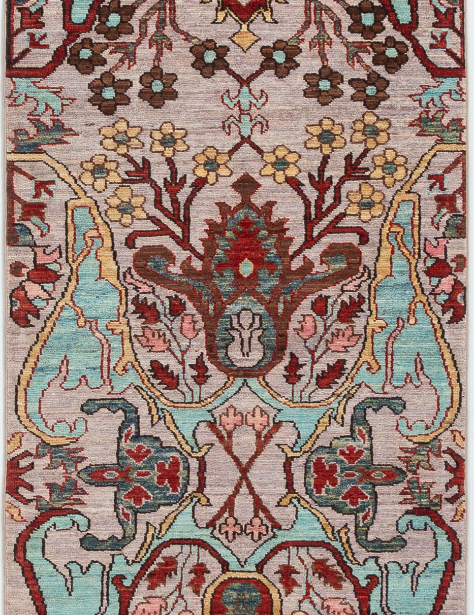 Afghan Chobbi Runner in cream, turquoise and burgundy — full rug view
