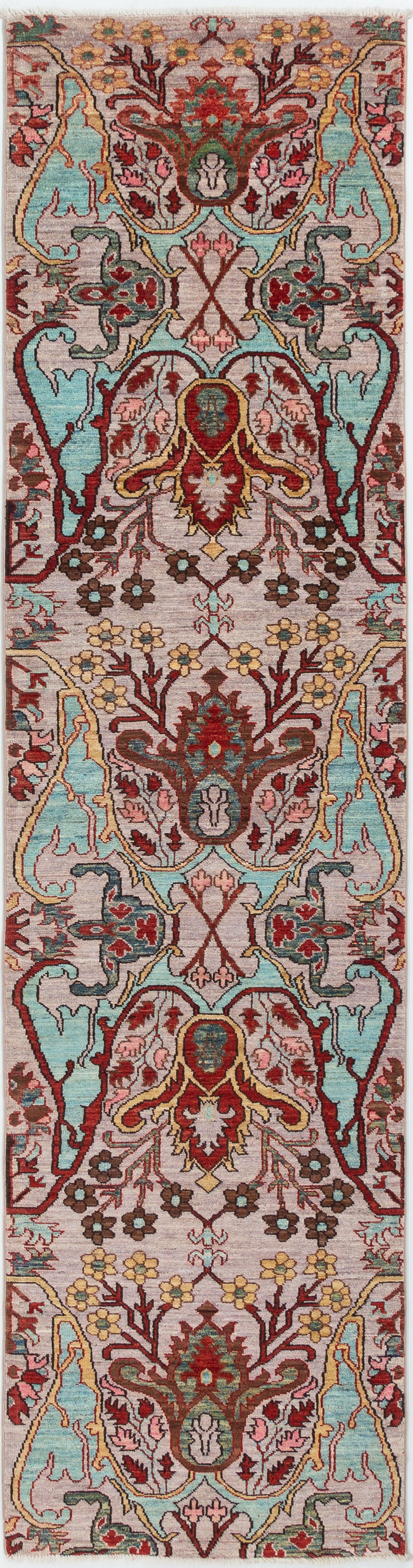 Afghan Chobbi Runner in cream, turquoise and burgundy — full rug view