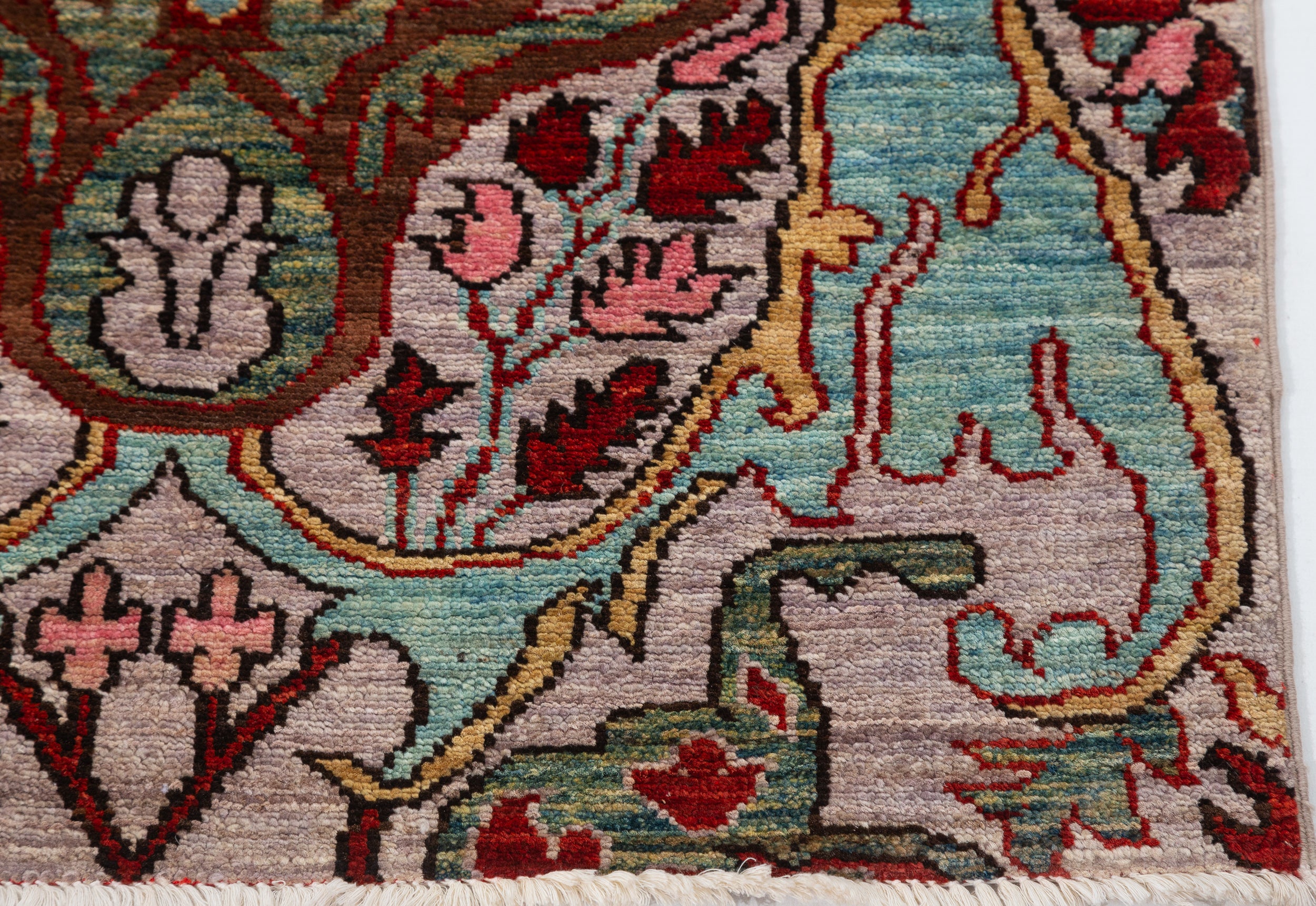 Afghan Chobbi Runner in cream, turquoise and burgundy — pattern, texture or angled view
